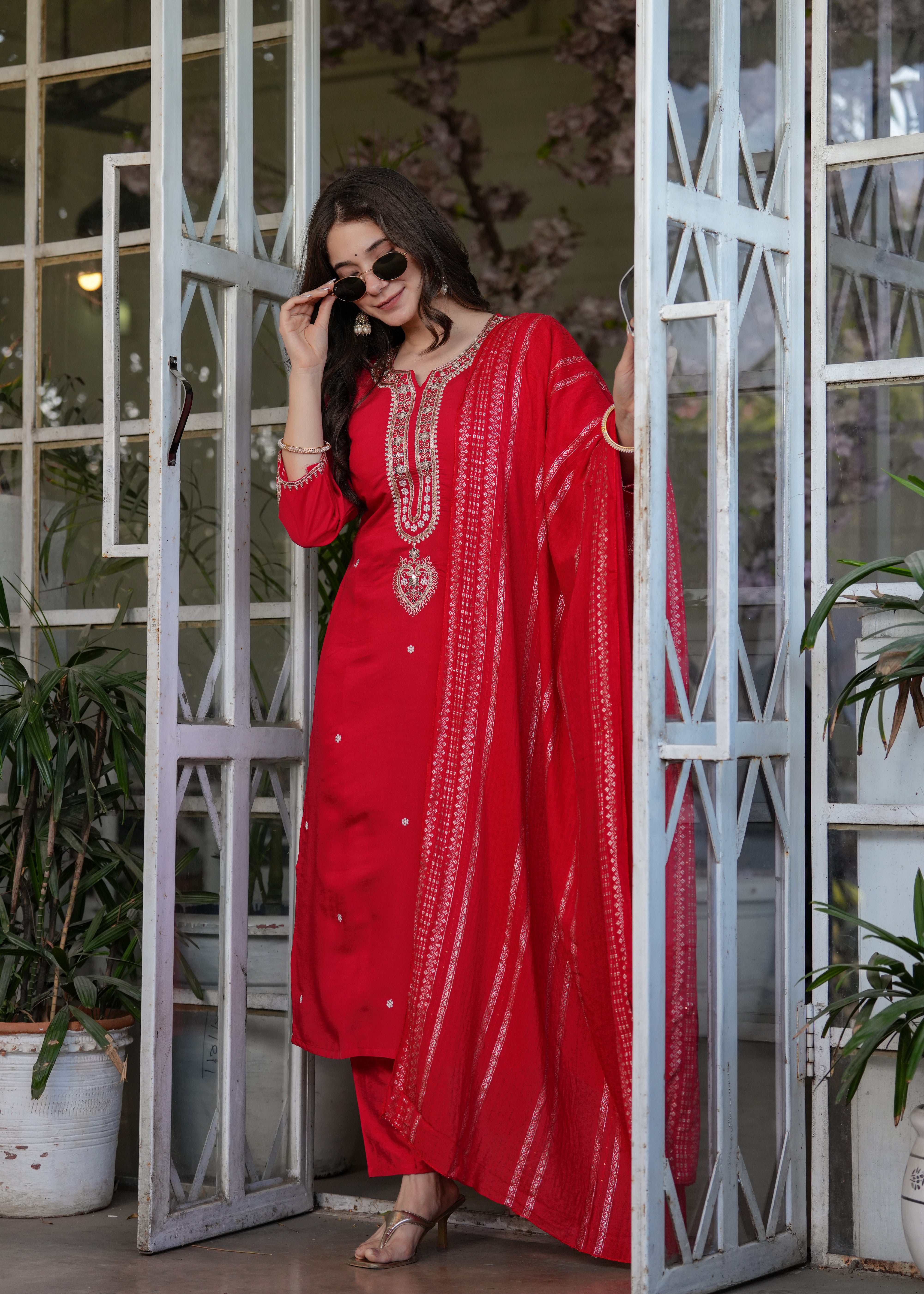 Vibrant Red Viscose Chanderi Embroidered Kurta Set