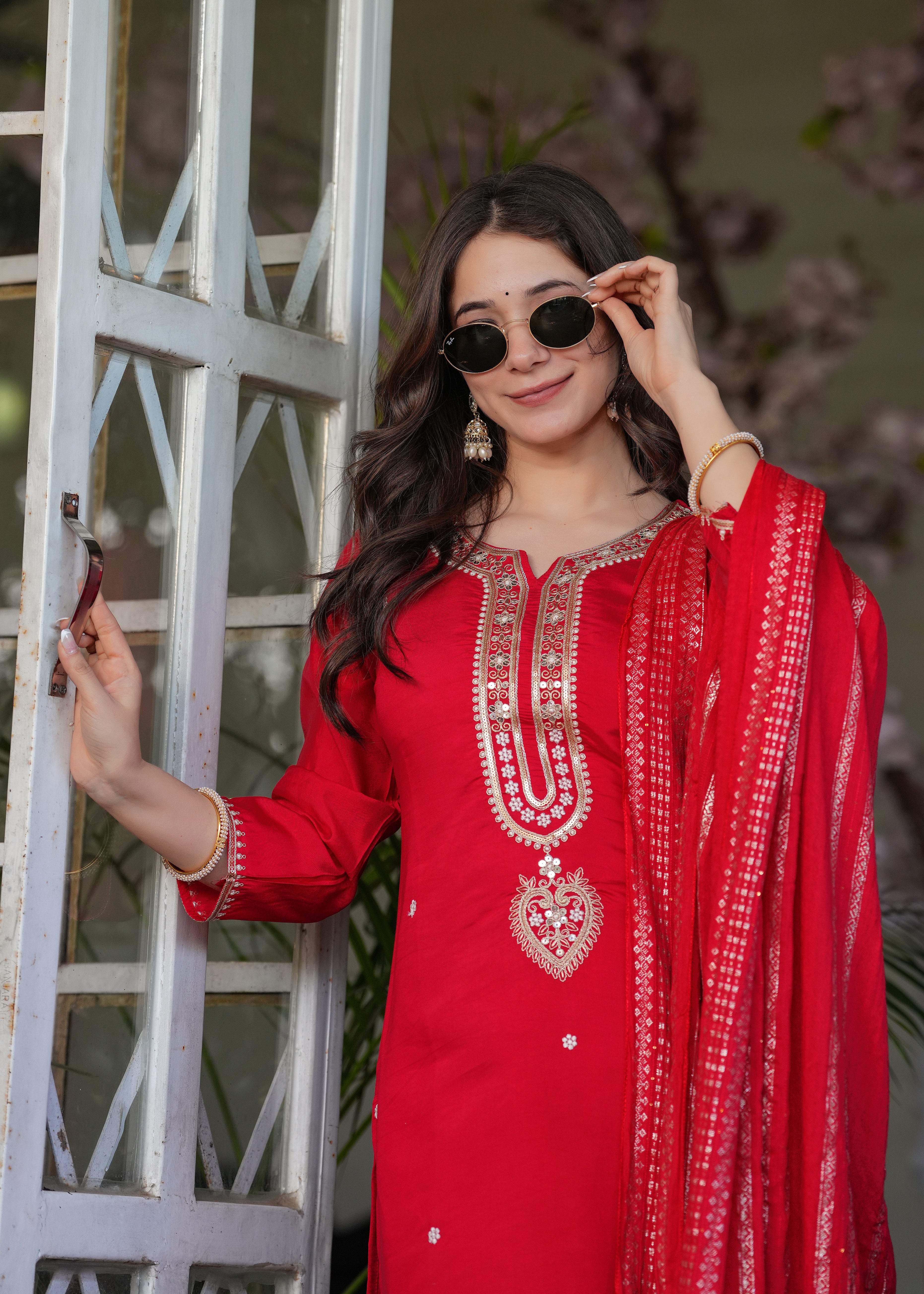 Vibrant Red Viscose Chanderi Embroidered Kurta Set