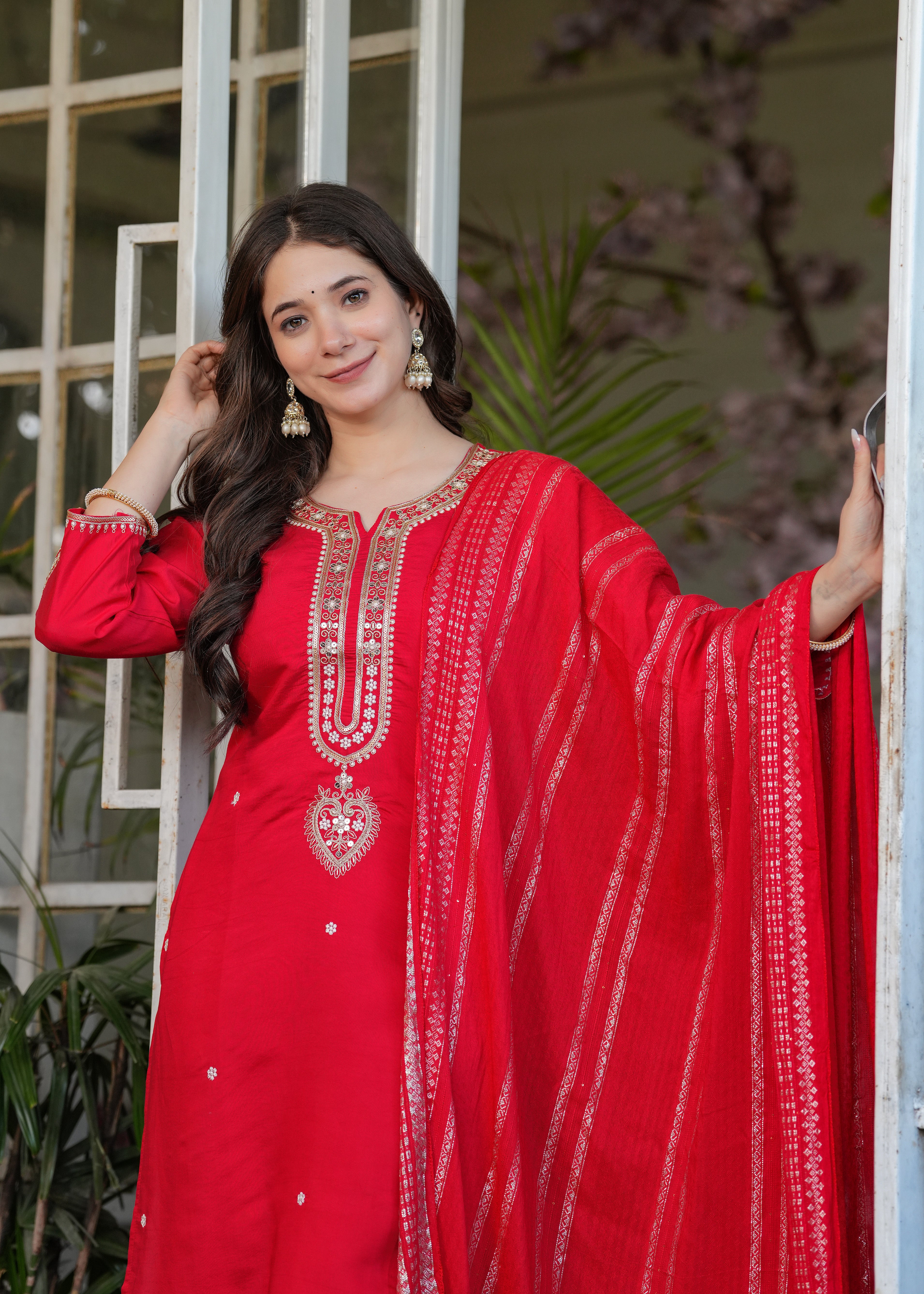 Vibrant Red Viscose Chanderi Embroidered Kurta Set