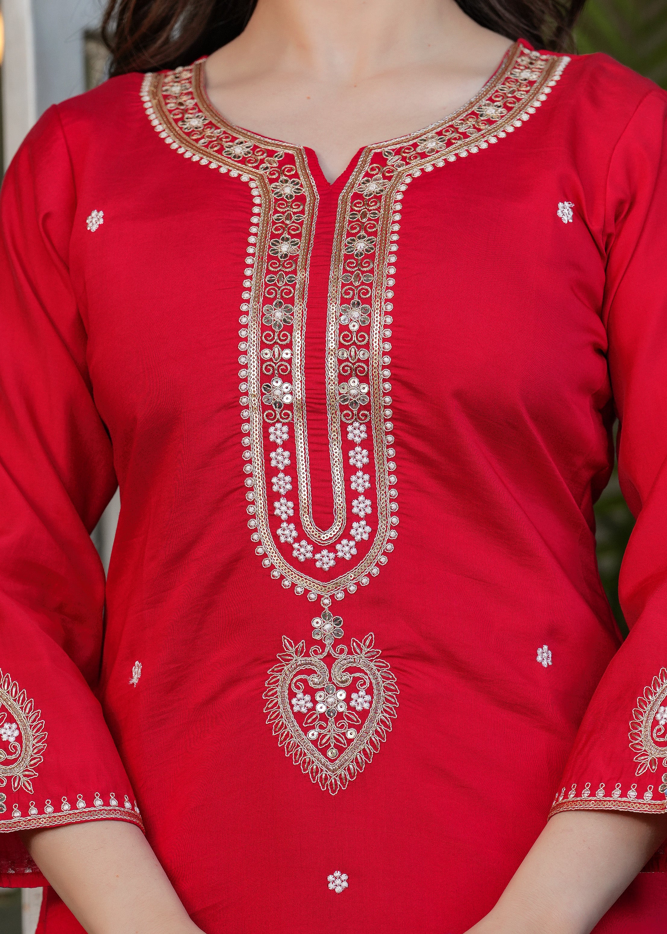 Vibrant Red Viscose Chanderi Embroidered Kurta Set