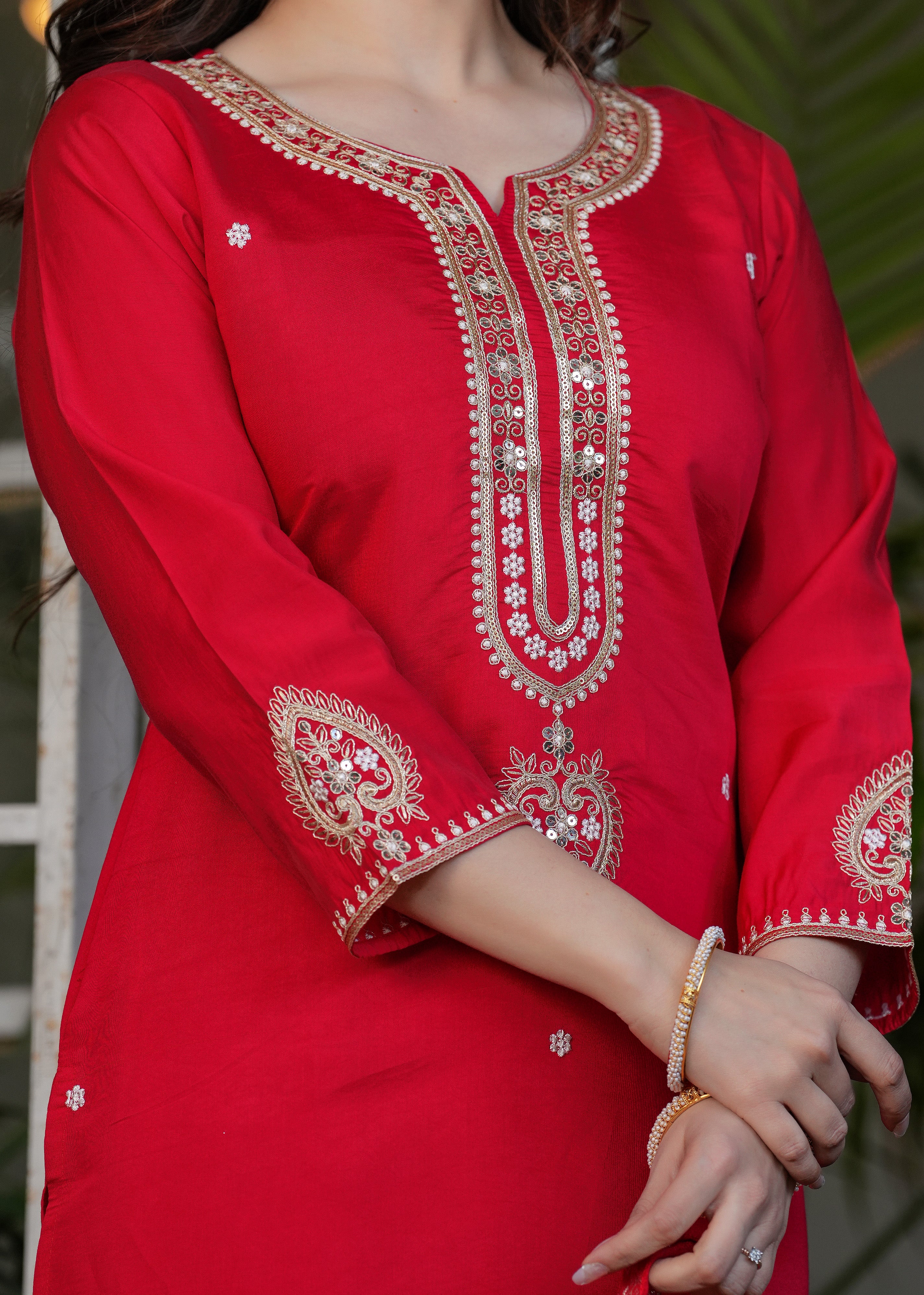 Vibrant Red Viscose Chanderi Embroidered Kurta Set