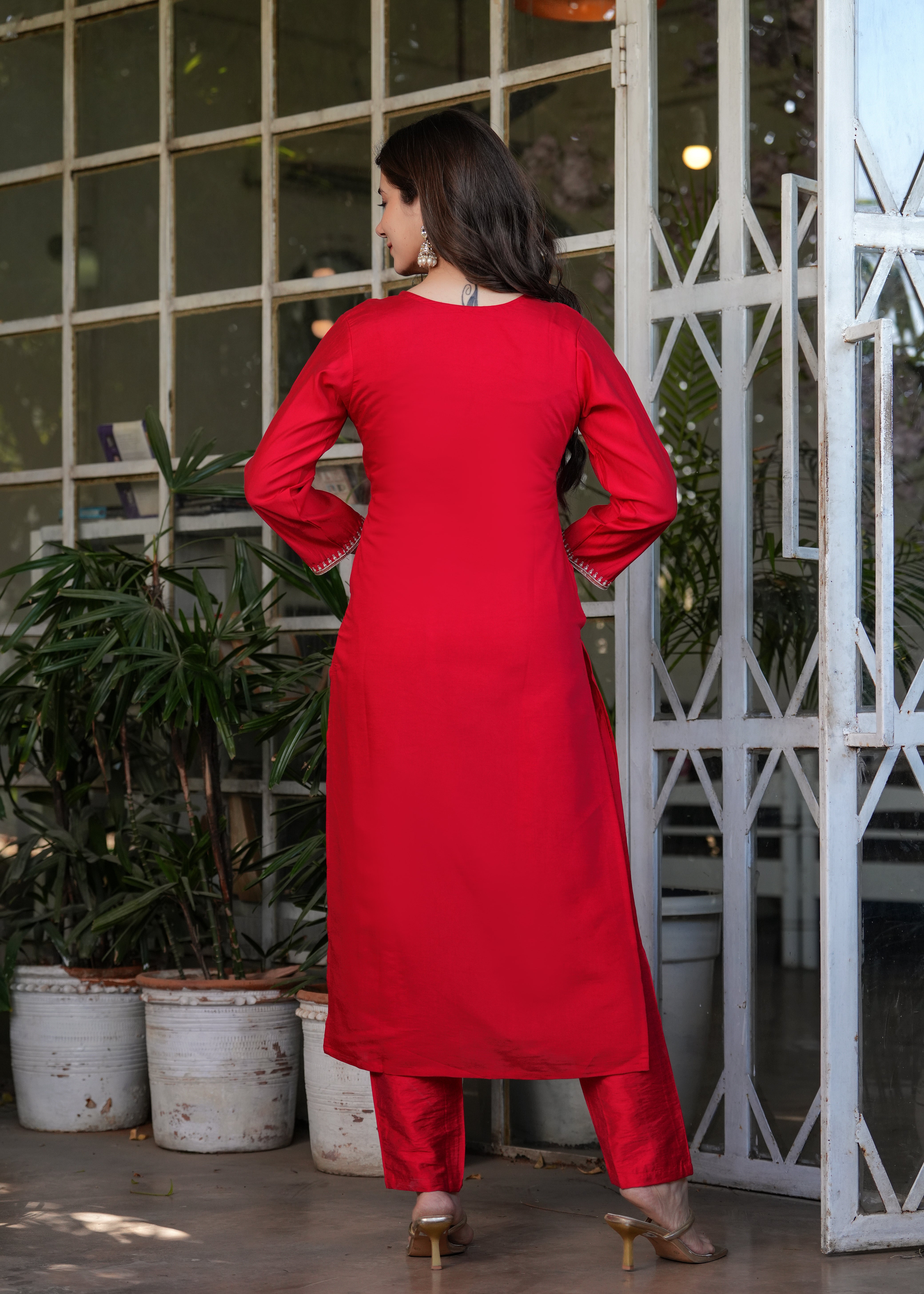 Vibrant Red Viscose Chanderi Embroidered Kurta Set