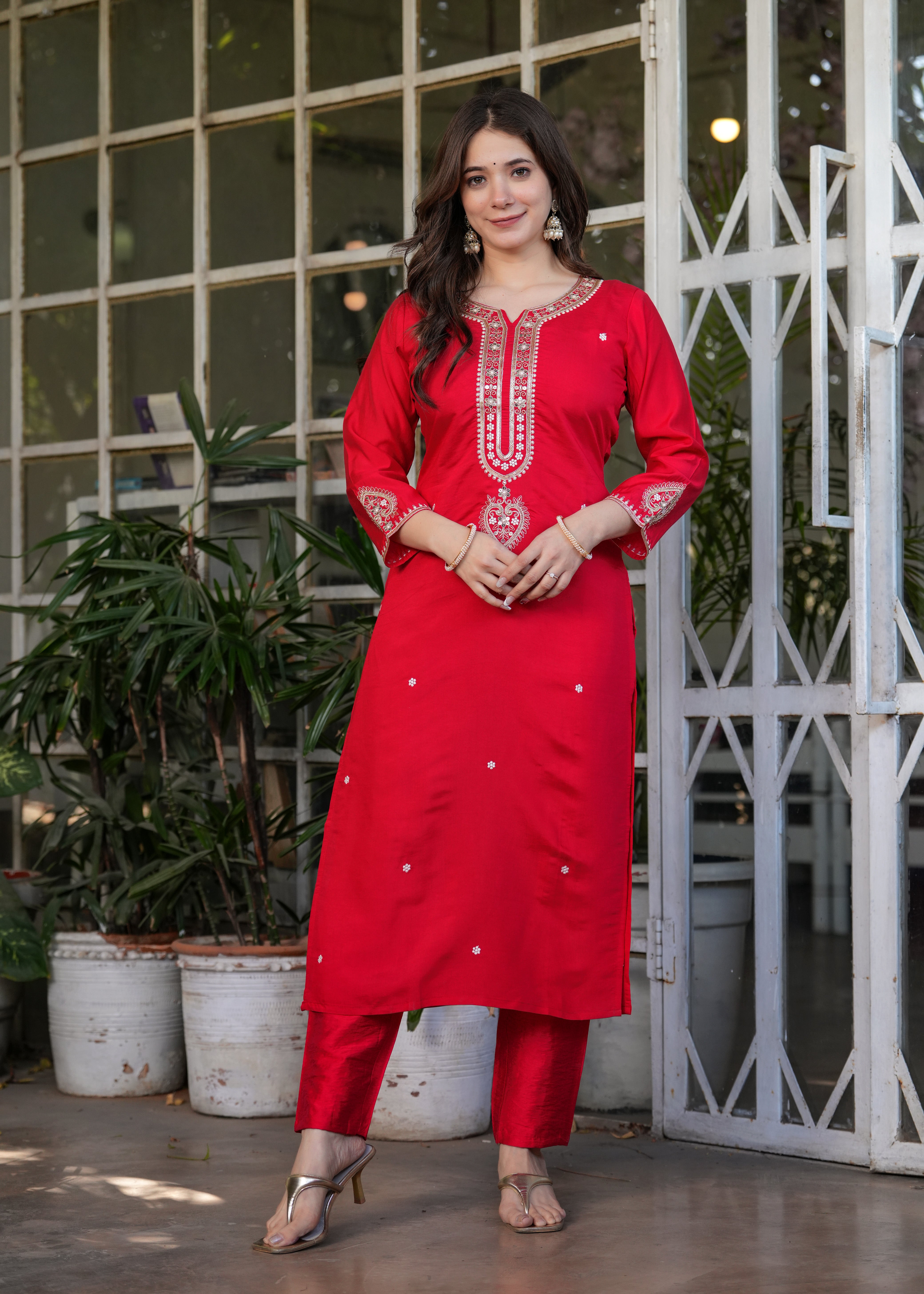 Vibrant Red Viscose Chanderi Embroidered Kurta Set