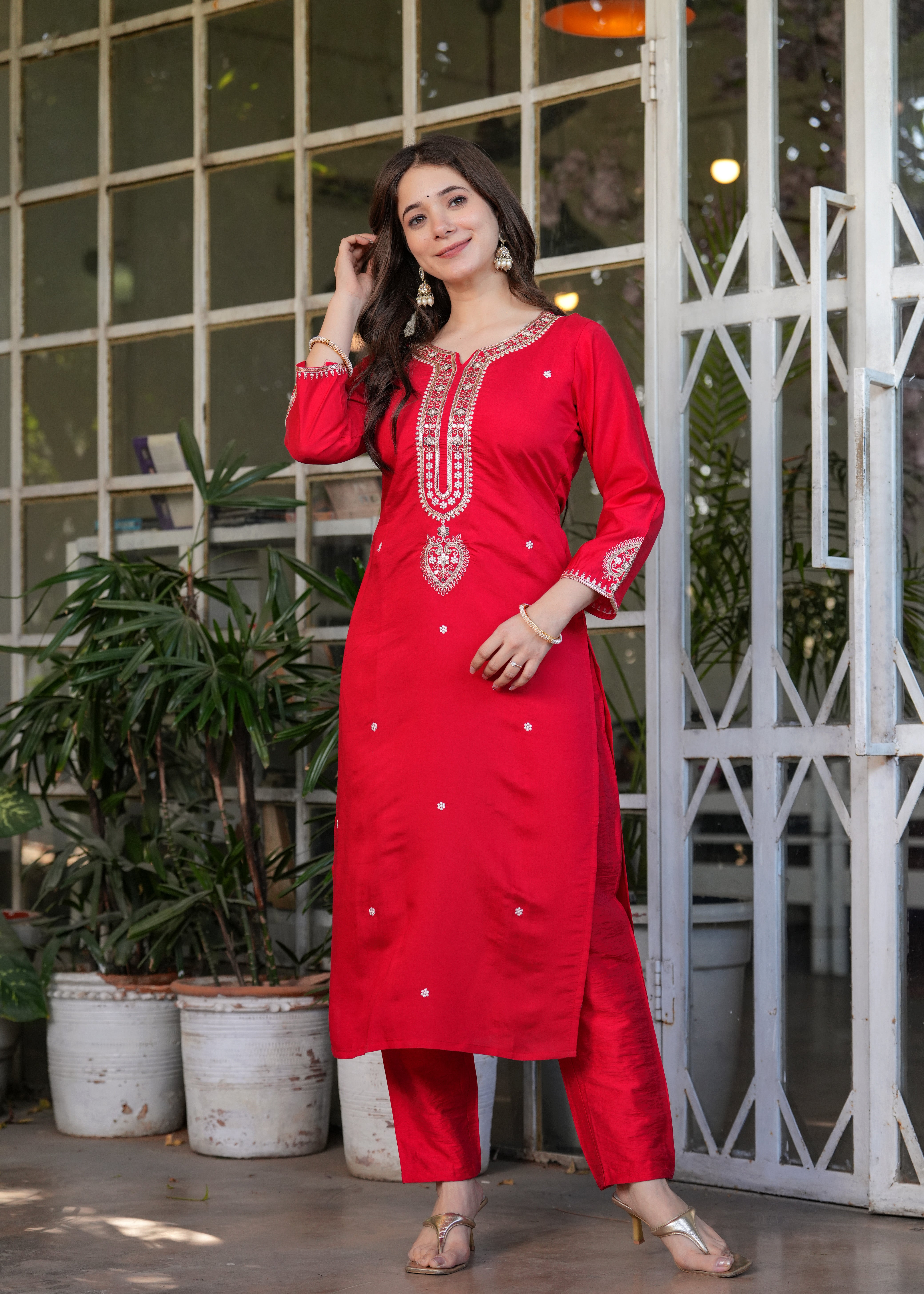 Vibrant Red Viscose Chanderi Embroidered Kurta Set