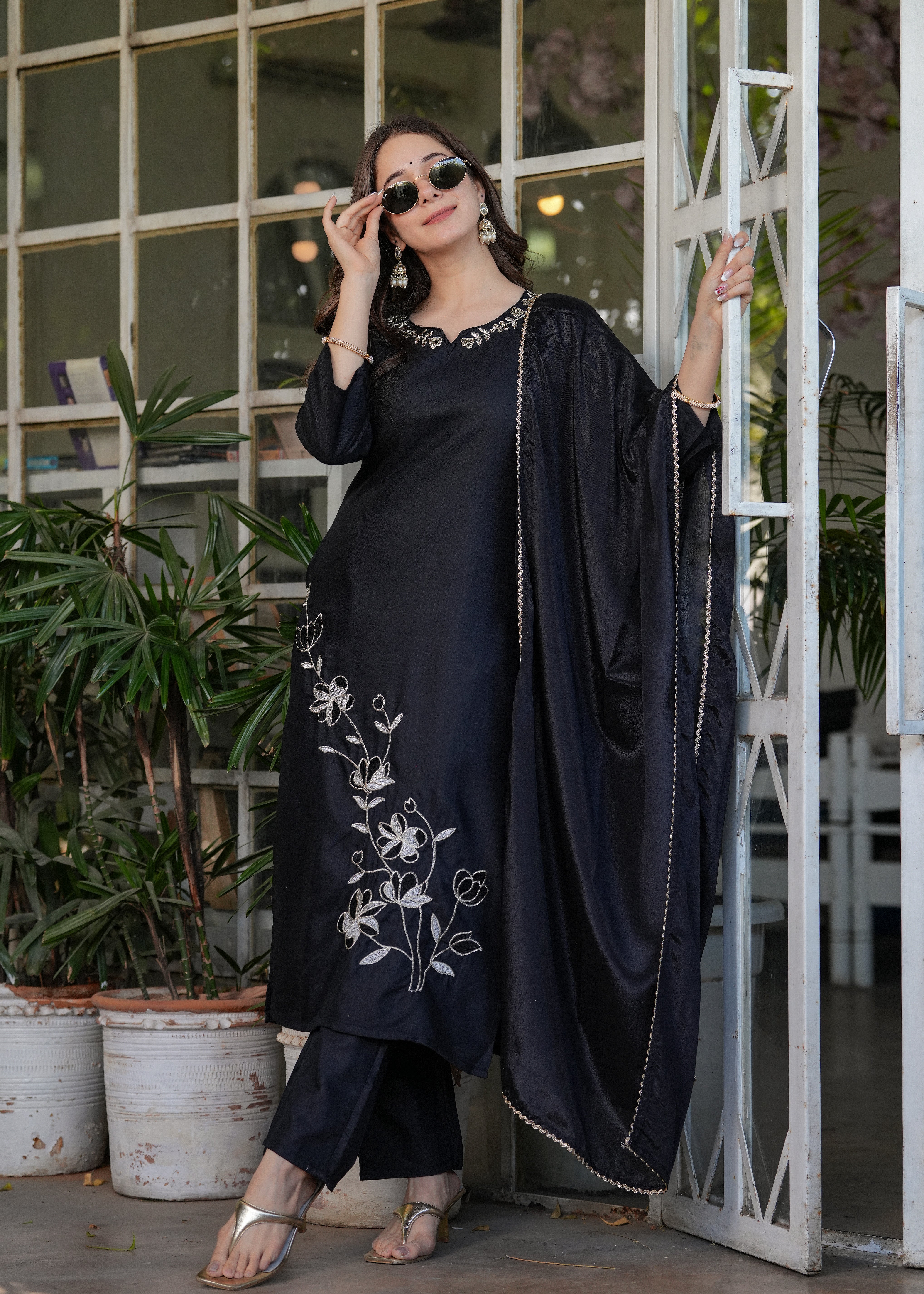 Black Viscose Rayon Embroidered Kurta Set