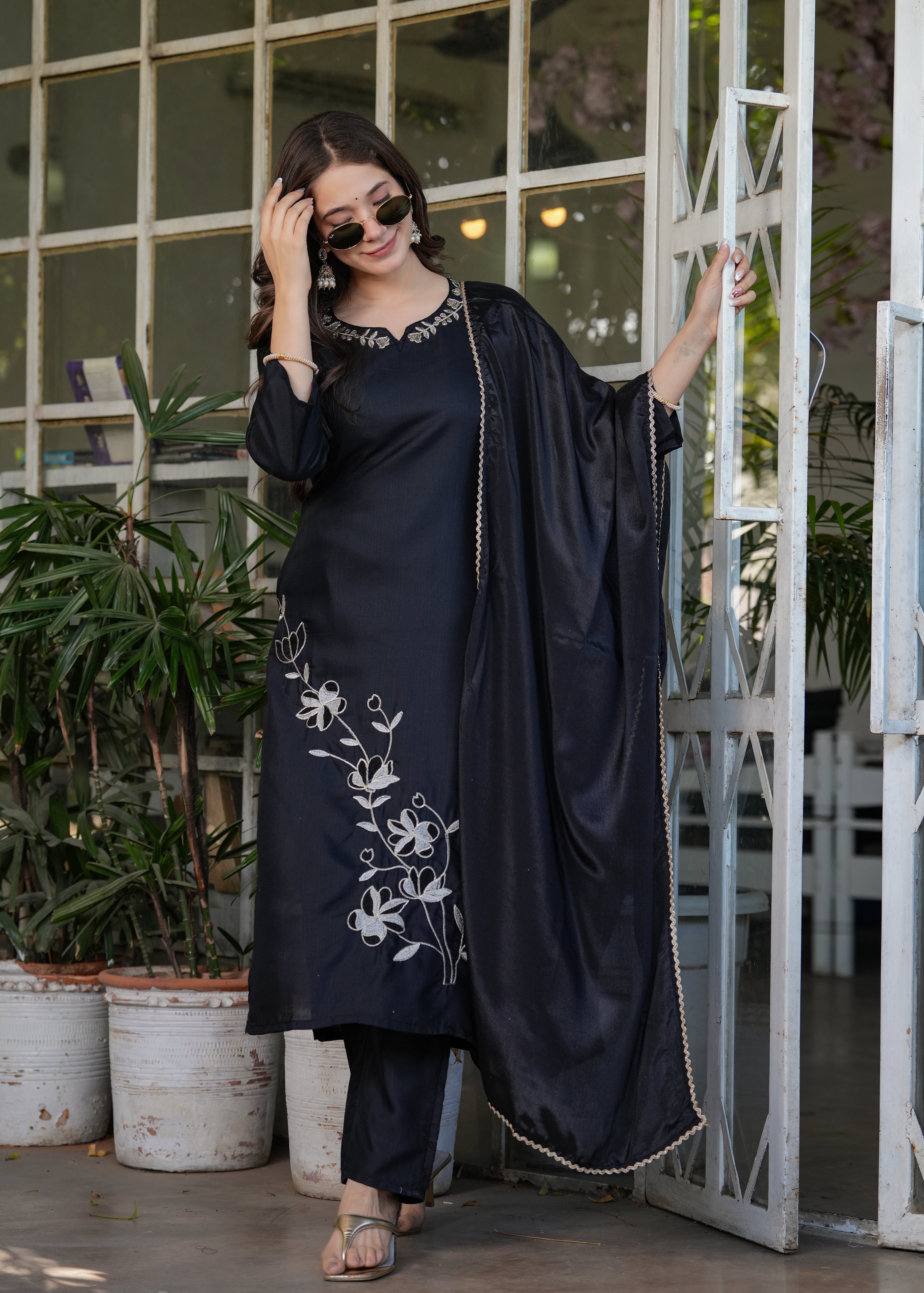 Black Viscose Rayon Embroidered Kurta Set