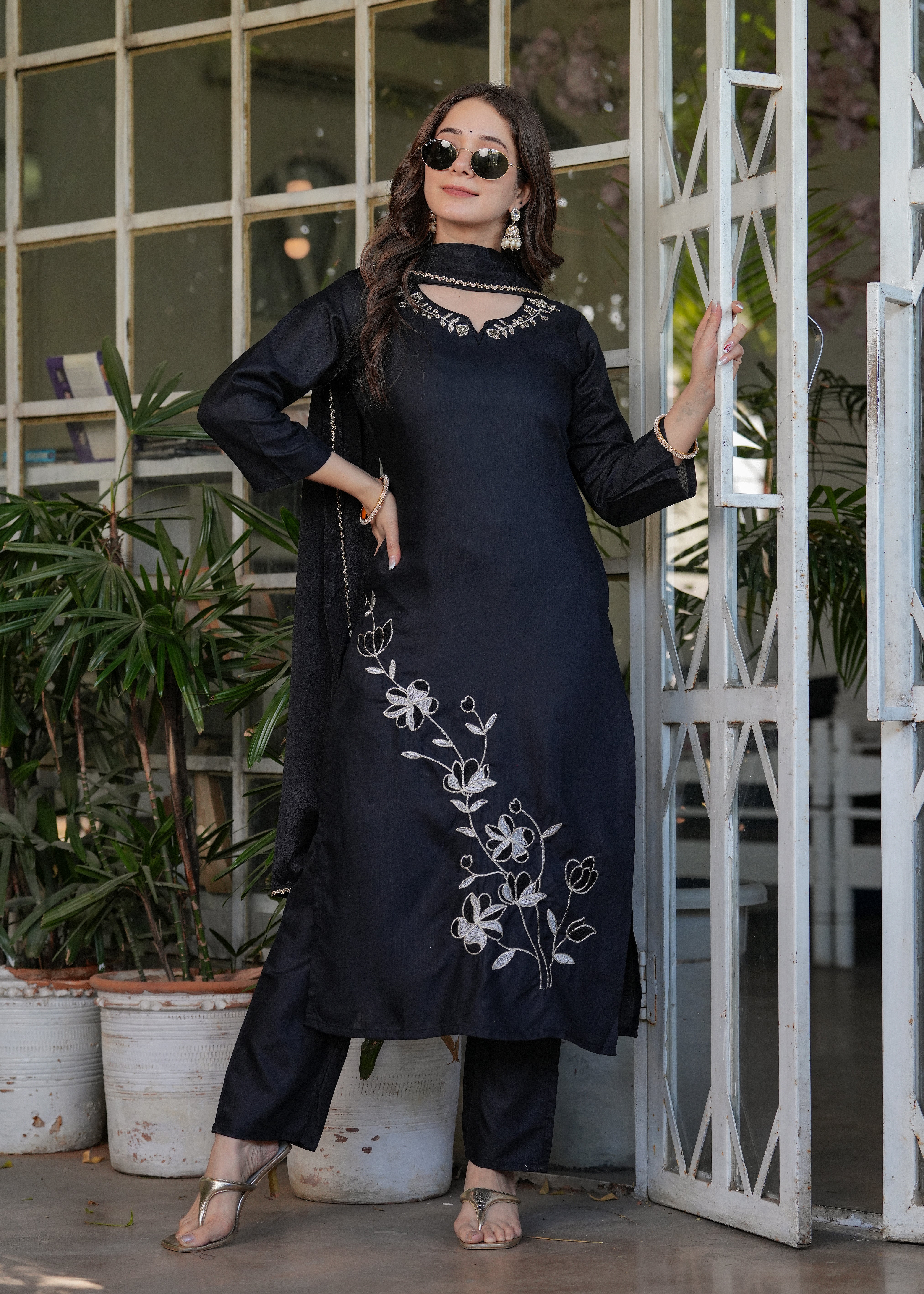 Black Viscose Rayon Embroidered Kurta Set