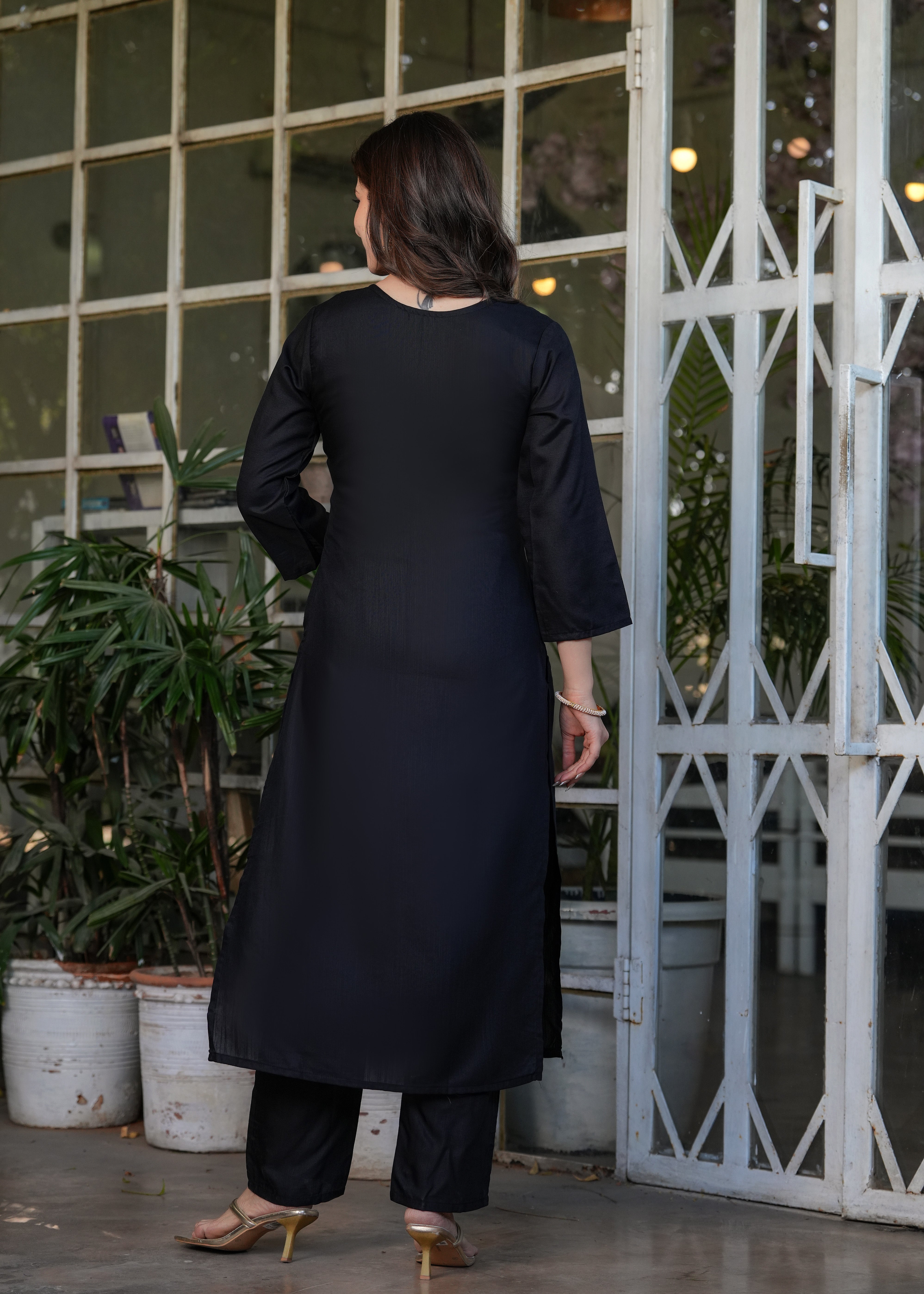 Black Viscose Rayon Embroidered Kurta Set