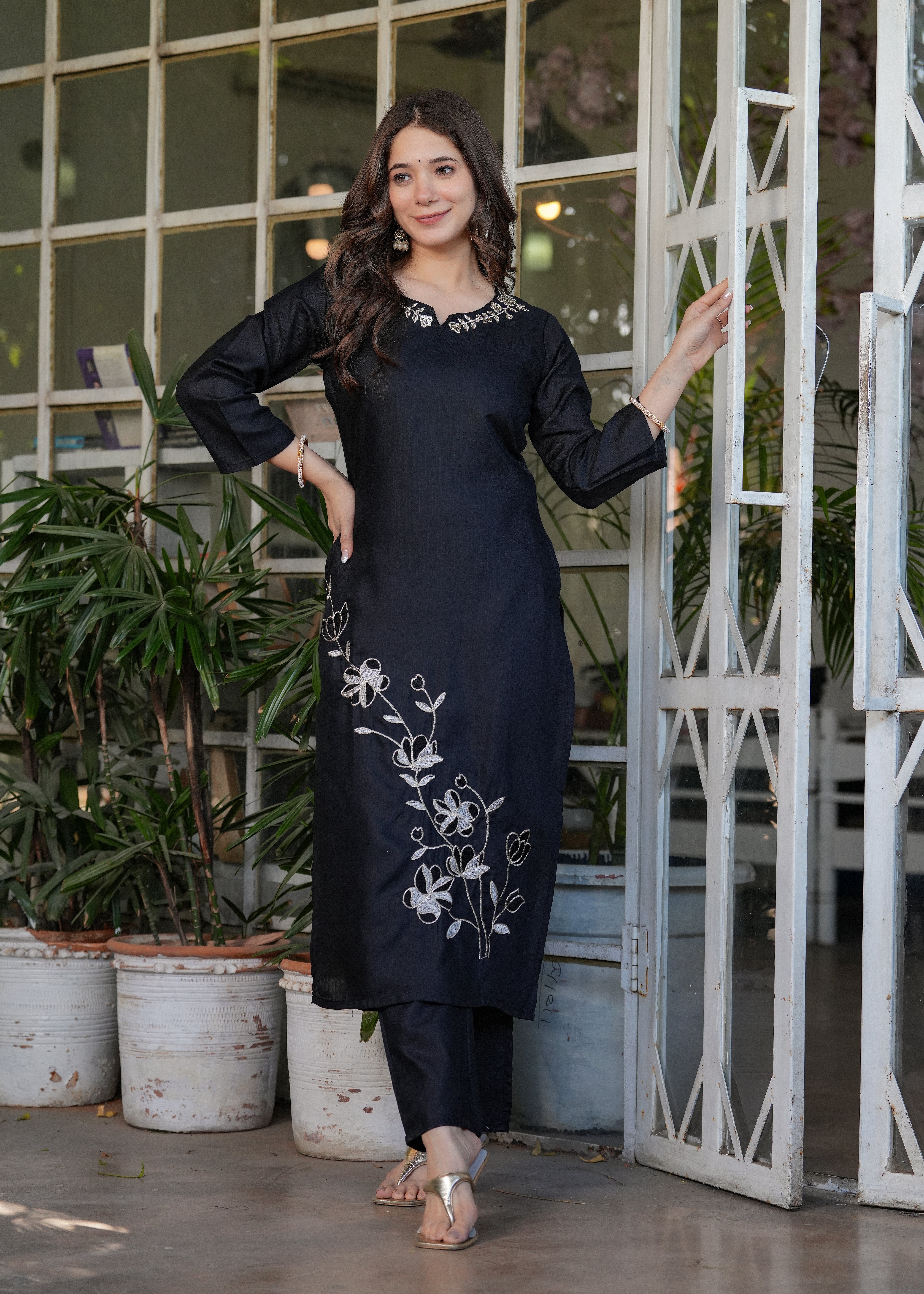 Black Viscose Rayon Embroidered Kurta Set