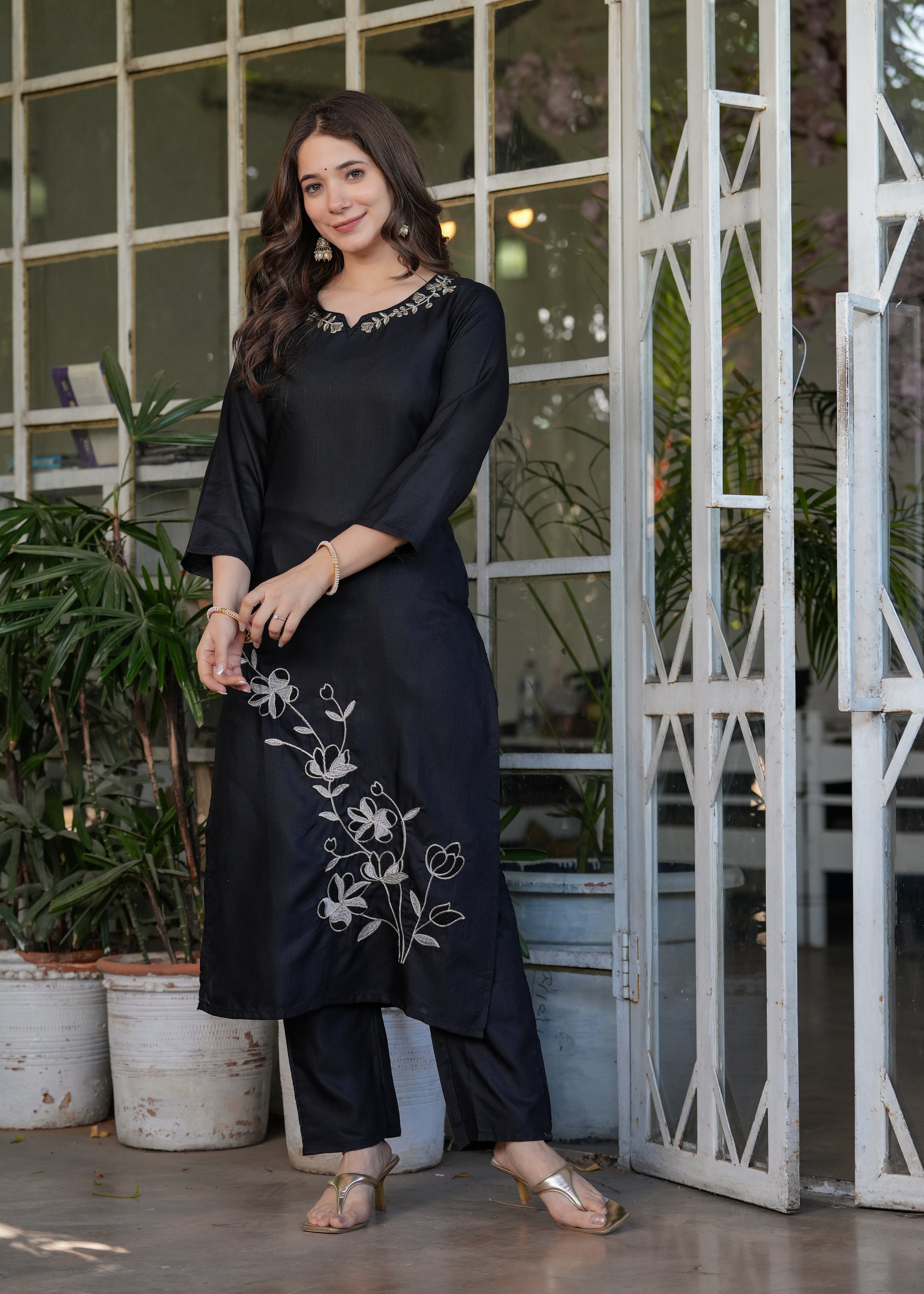 Black Viscose Rayon Embroidered Kurta Set