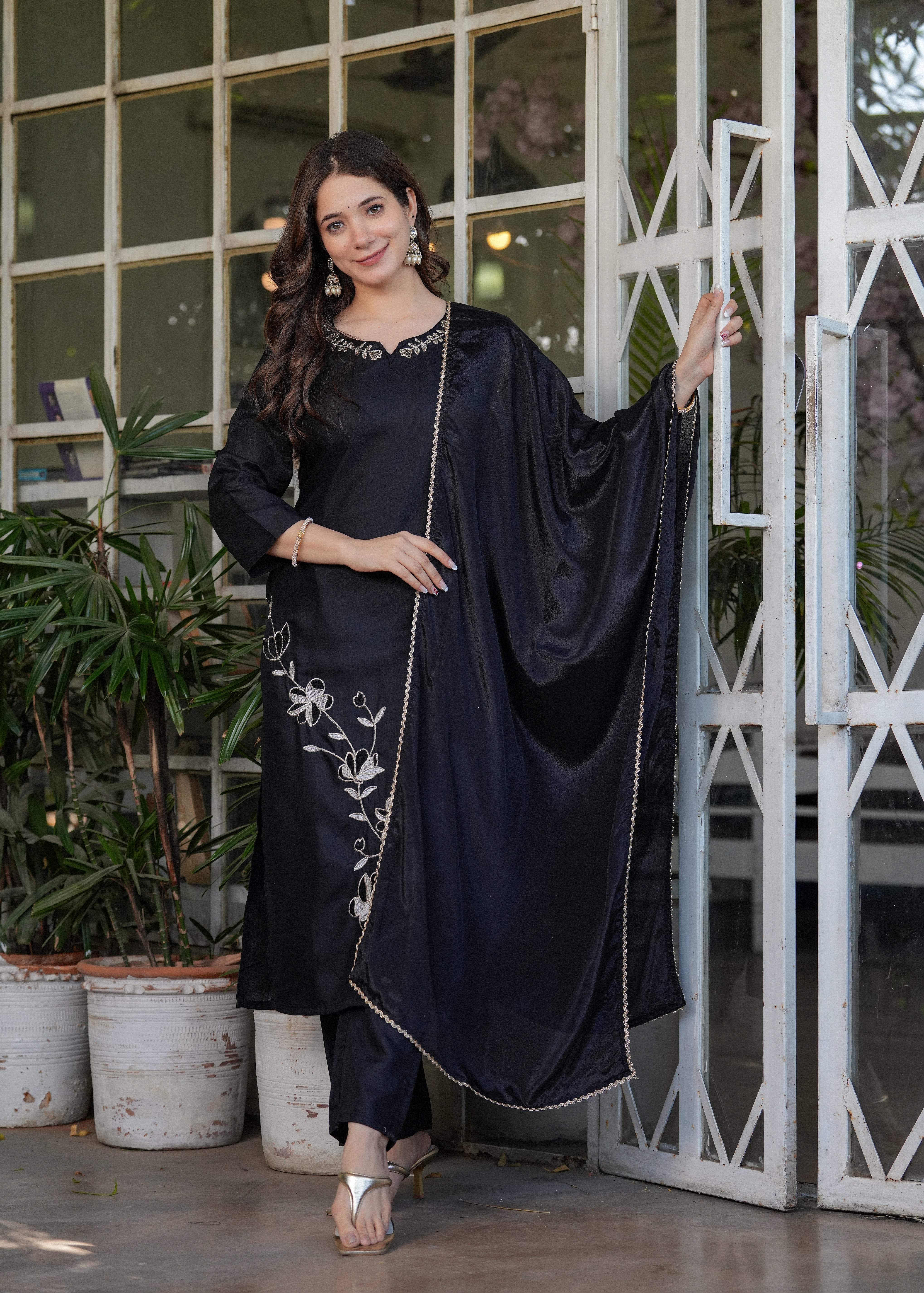 Black Viscose Rayon Embroidered Kurta Set