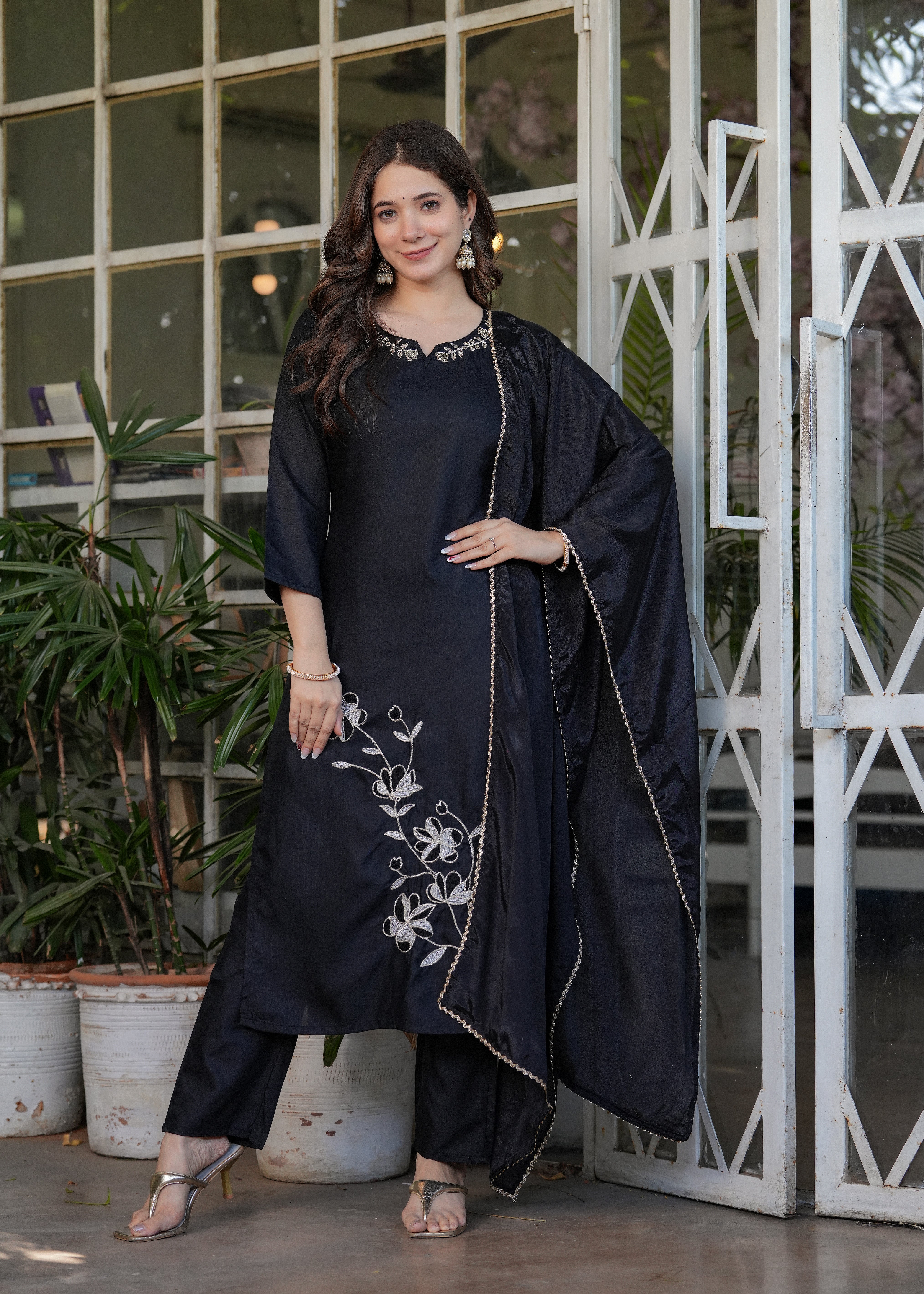 Black Viscose Rayon Embroidered Kurta Set