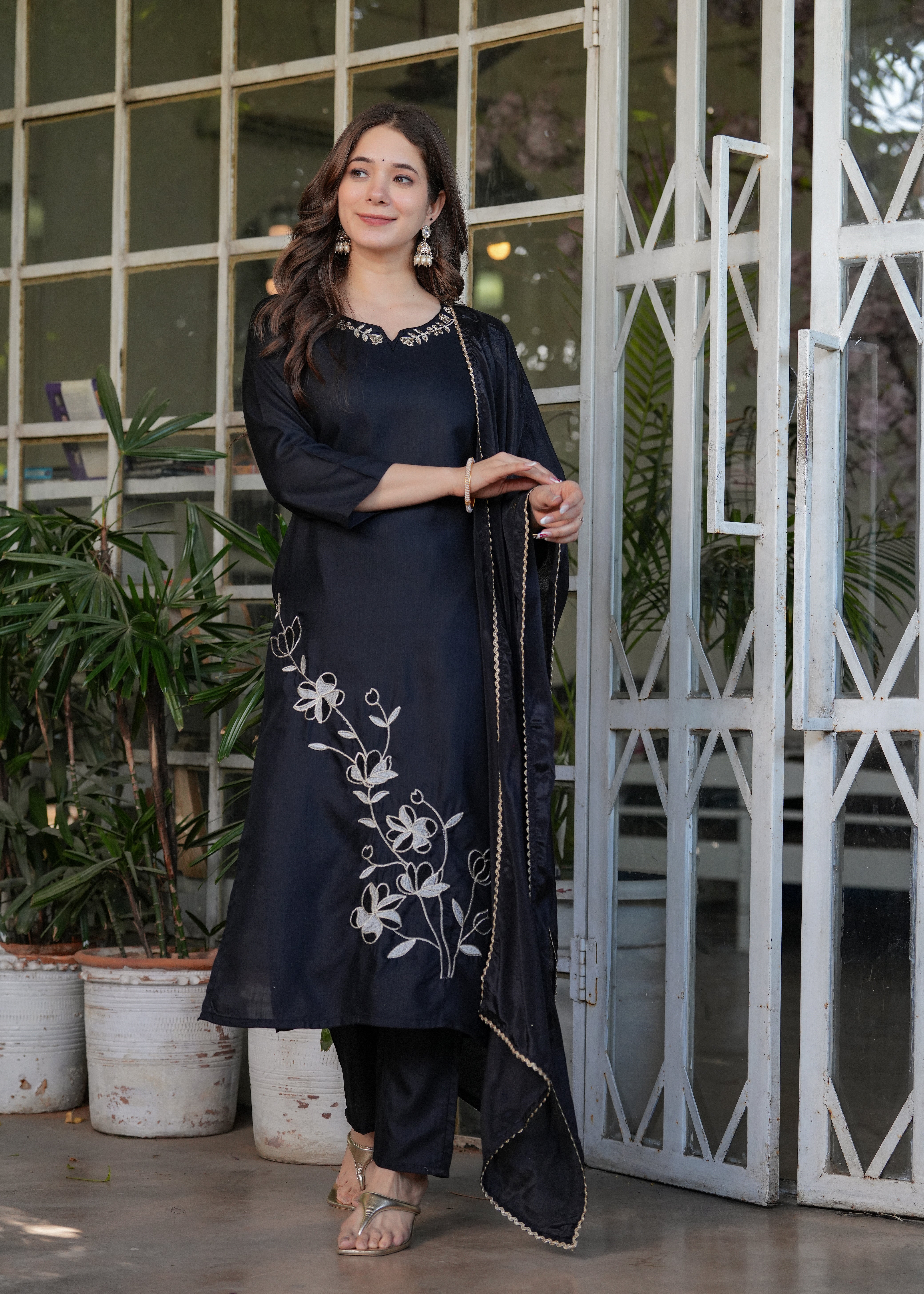 Black Viscose Rayon Embroidered Kurta Set