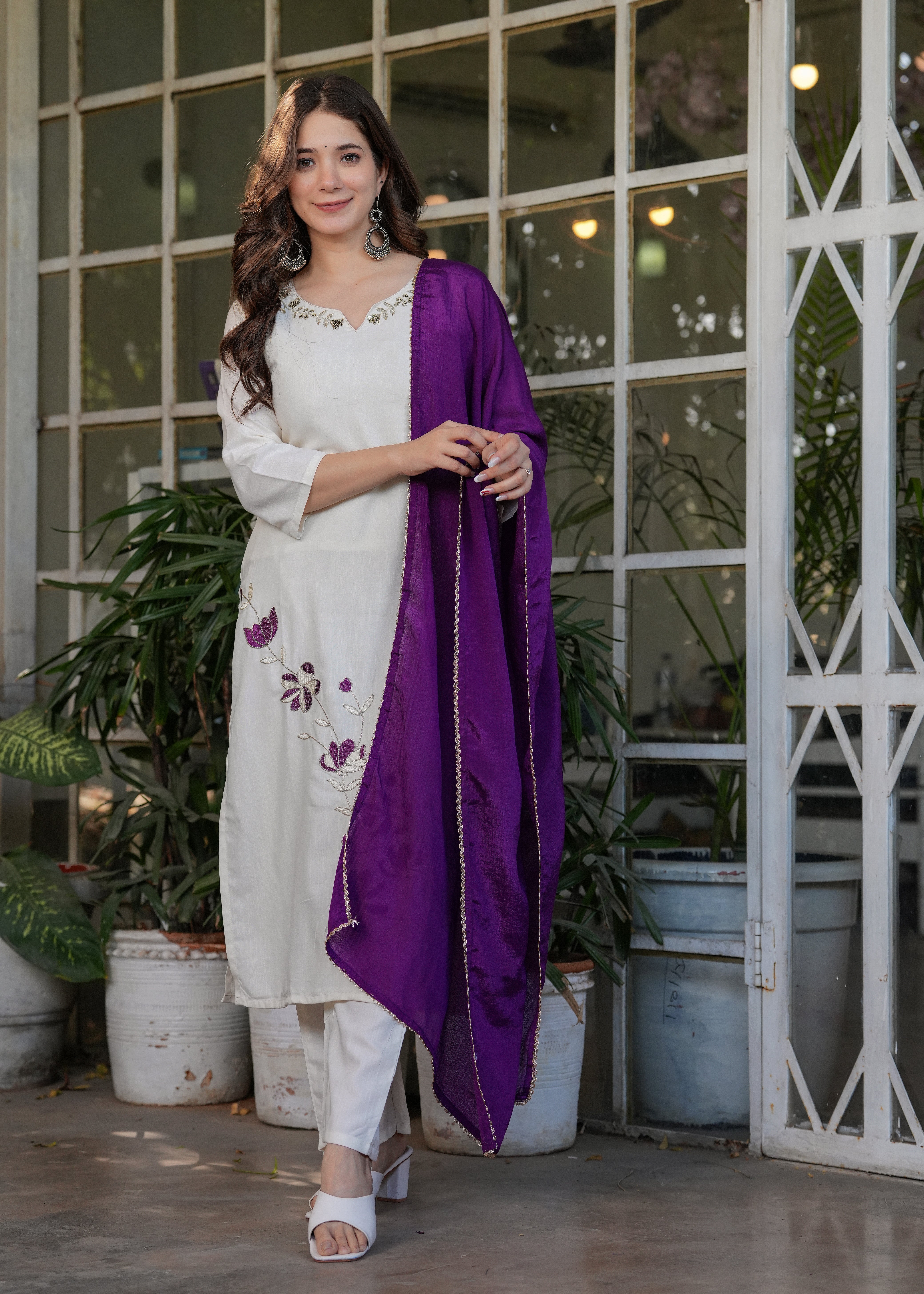 Off-White Viscose Rayon Embroidered Kurta Set