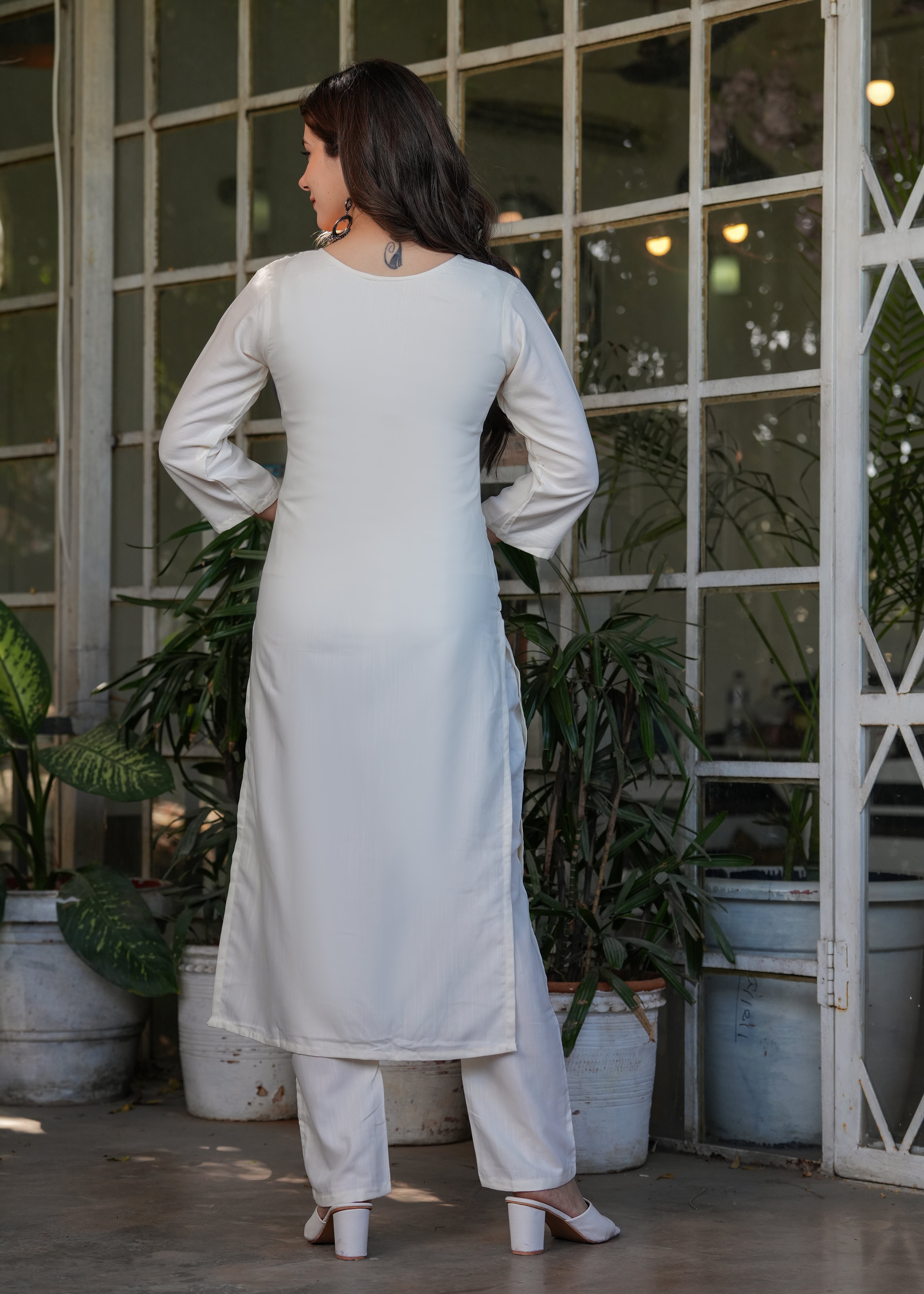 Off-White Viscose Rayon Embroidered Kurta Set
