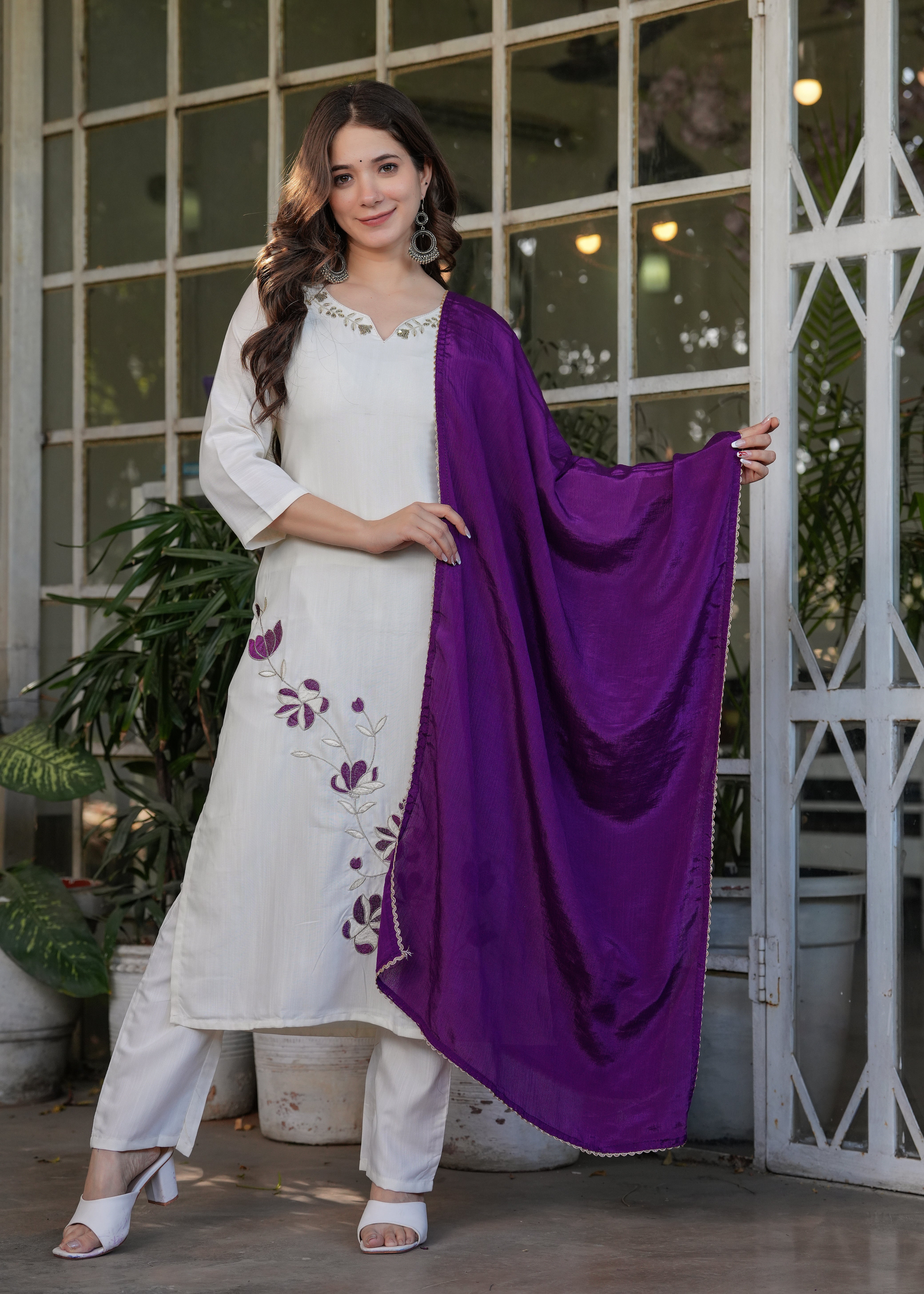 Off-White Viscose Rayon Embroidered Kurta Set