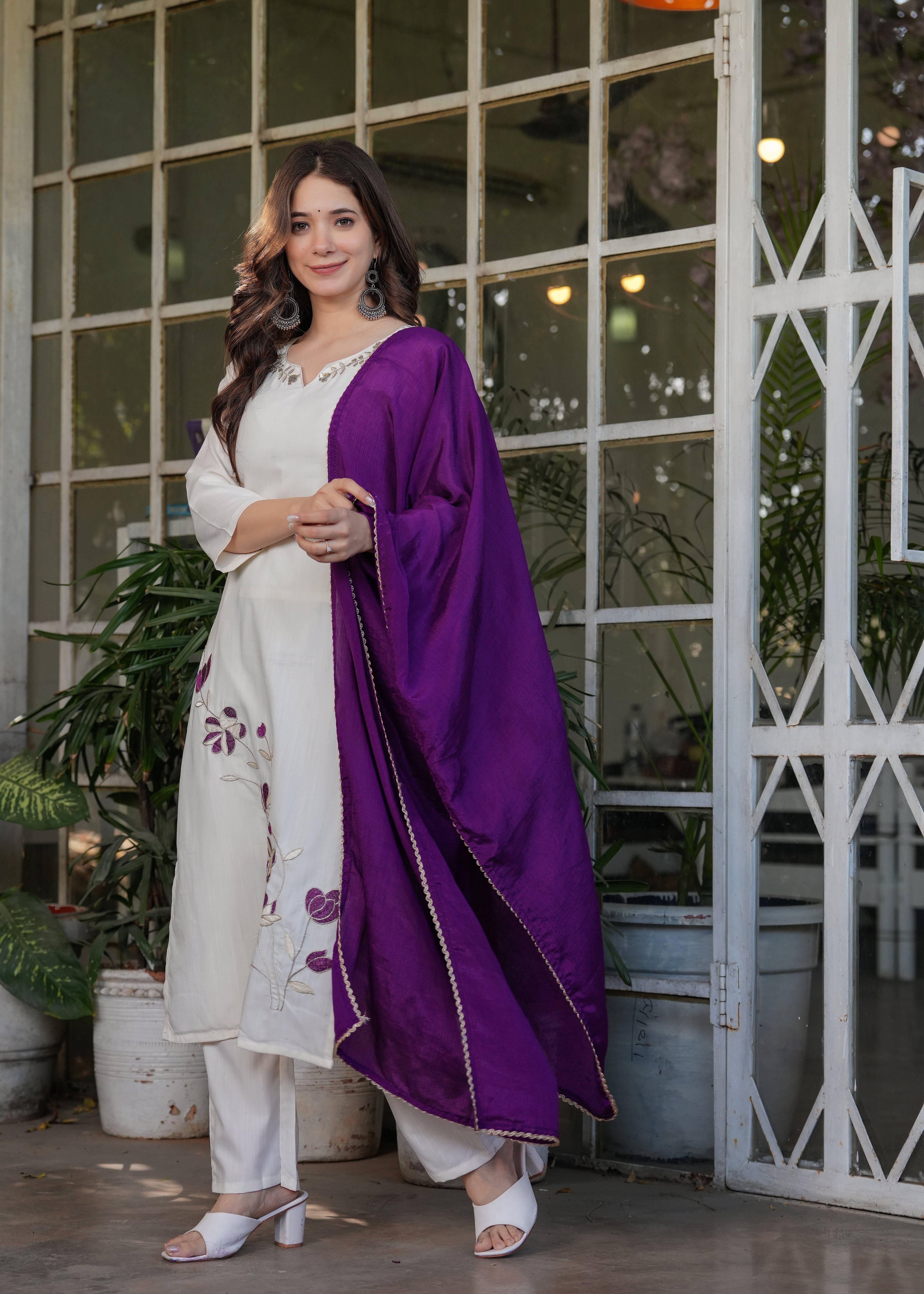 Off-White Viscose Rayon Embroidered Kurta Set