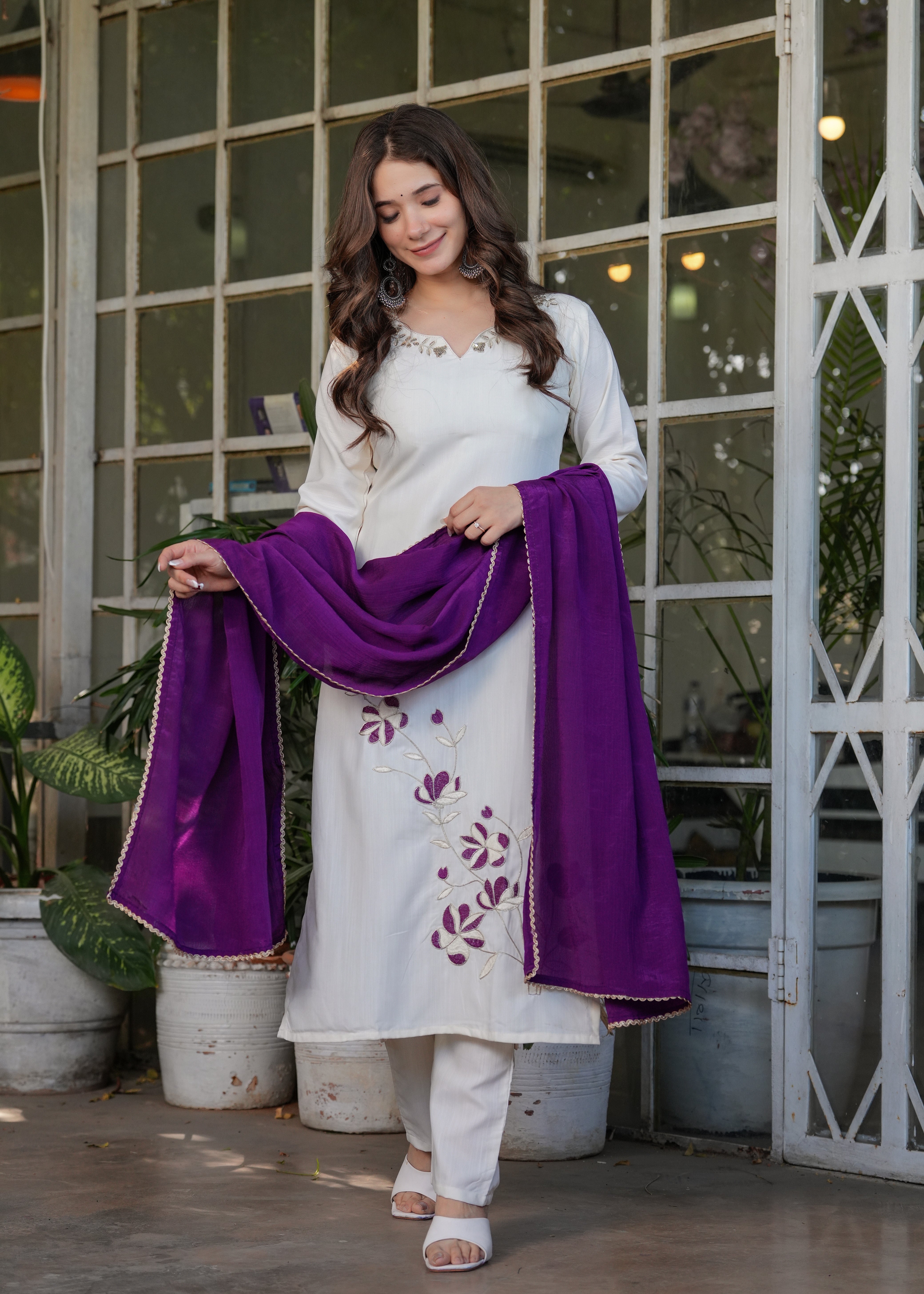 Off-White Viscose Rayon Embroidered Kurta Set