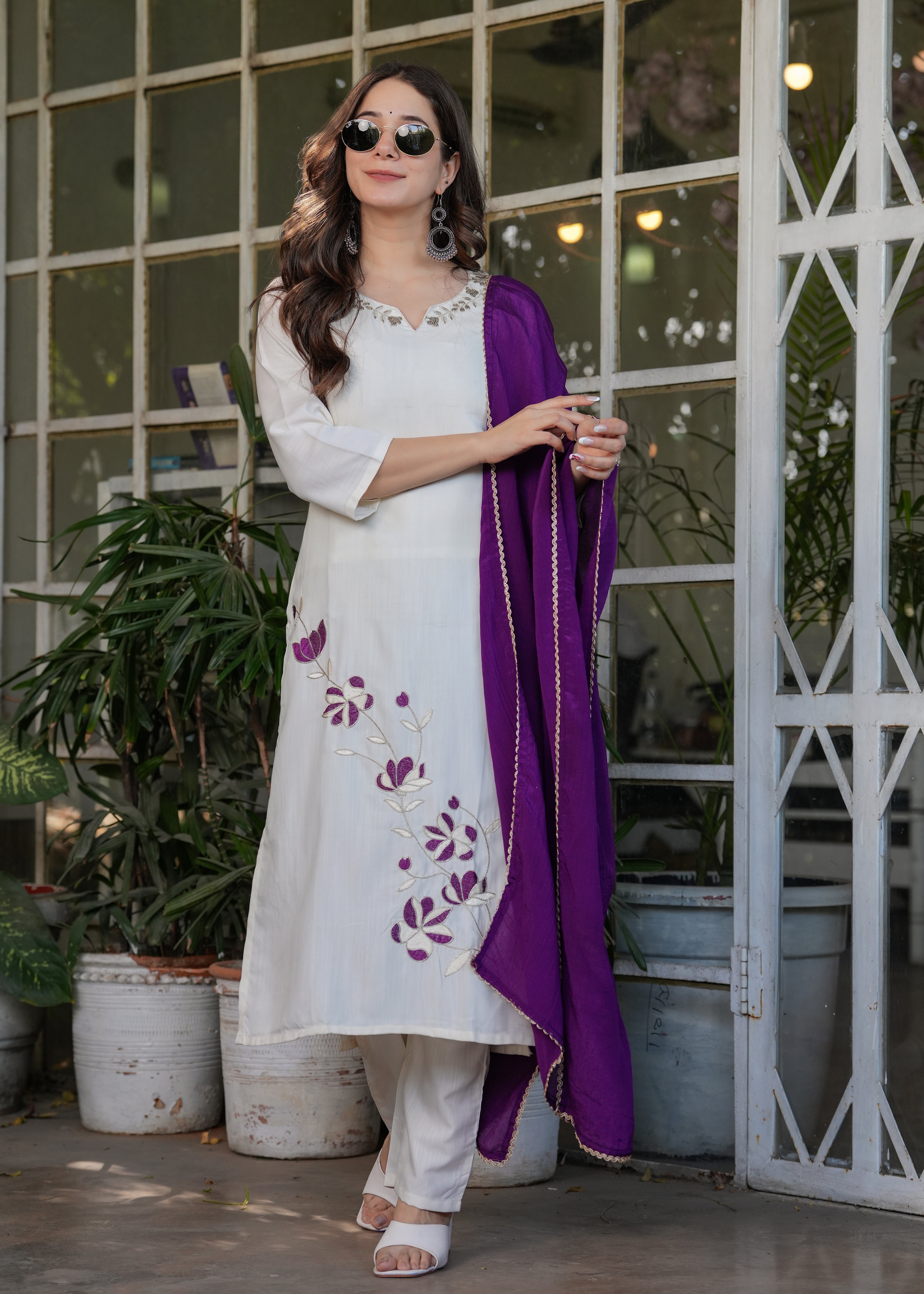 Off-White Viscose Rayon Embroidered Kurta Set