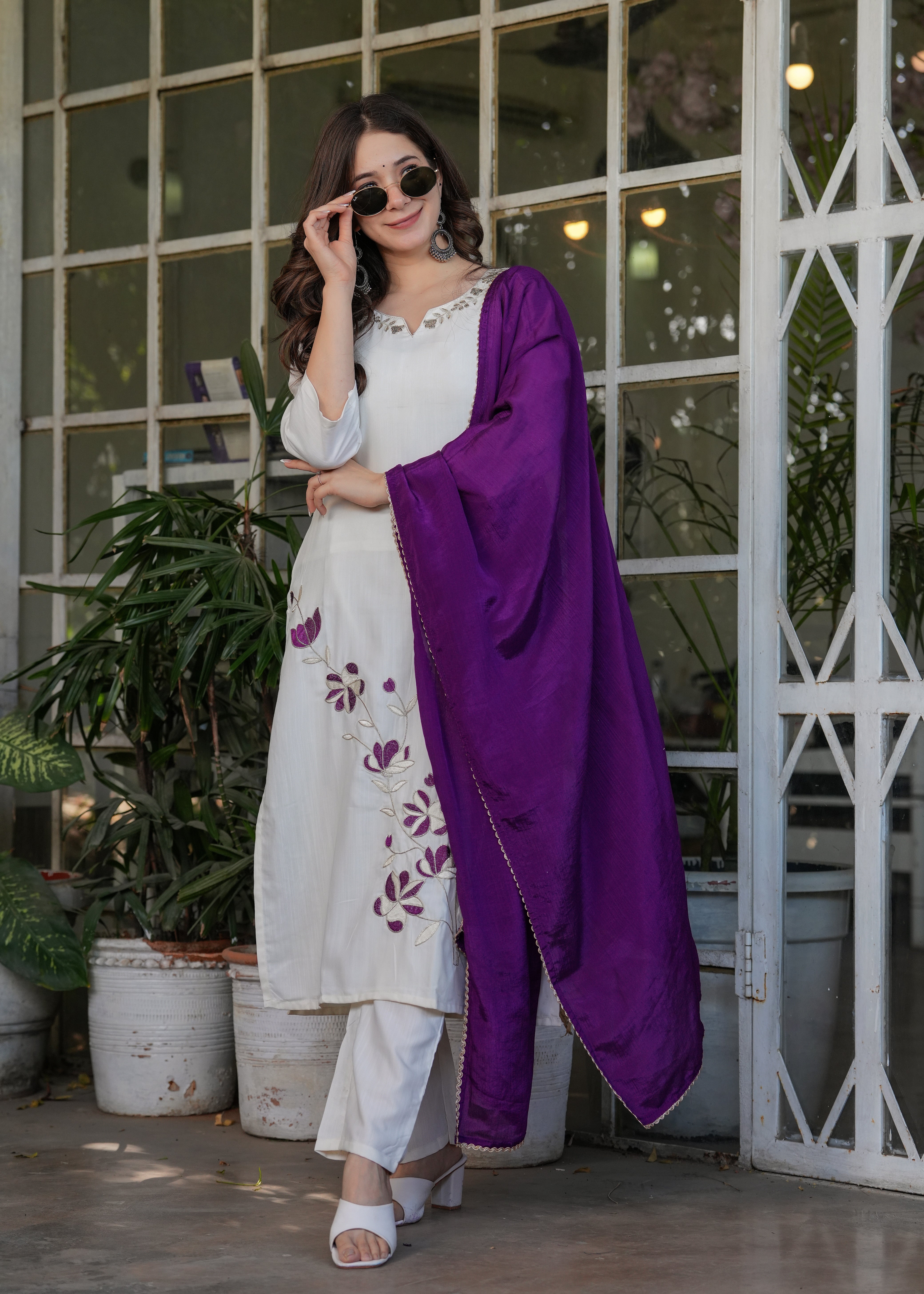 Off-White Viscose Rayon Embroidered Kurta Set