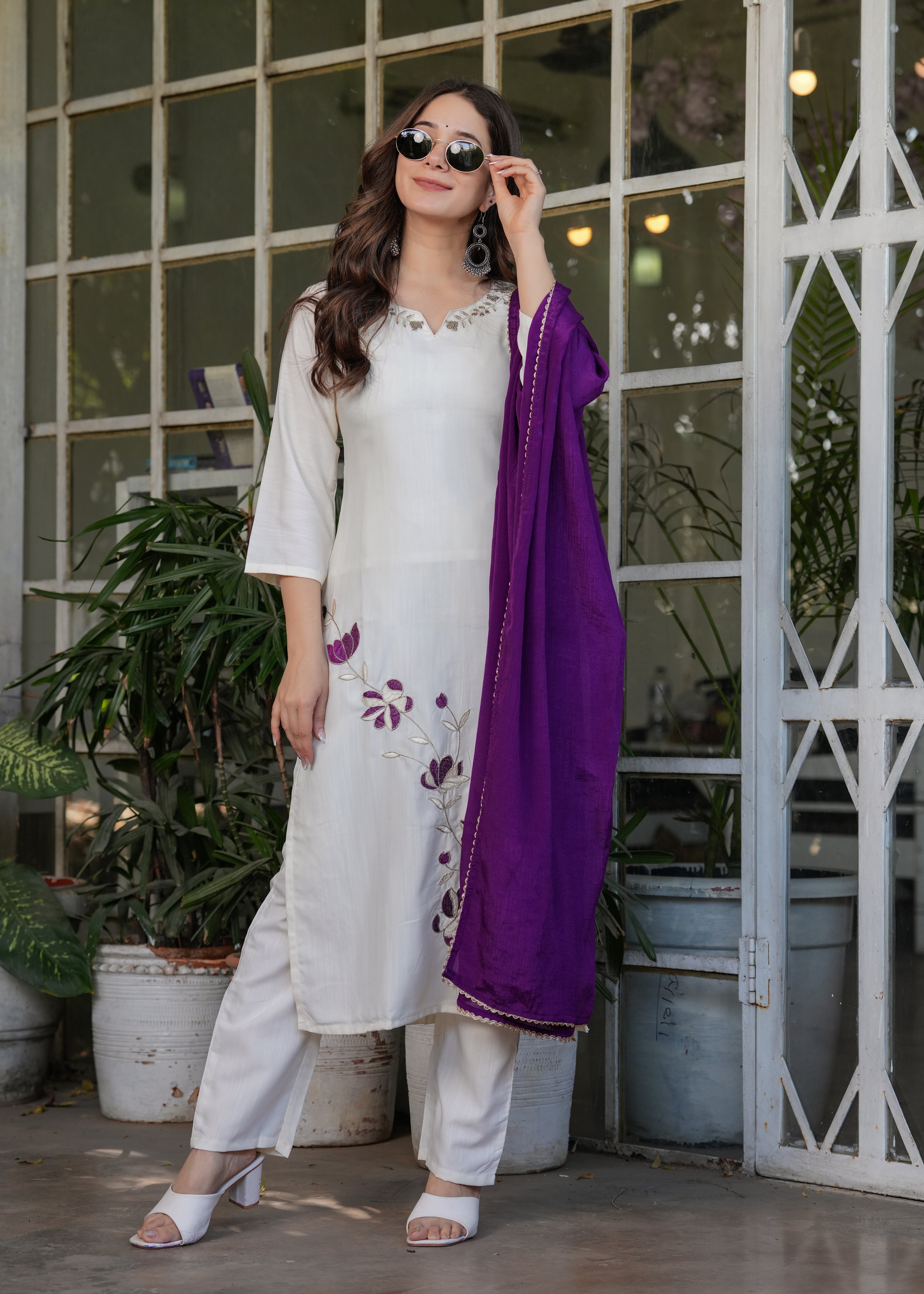 Off-White Viscose Rayon Embroidered Kurta Set