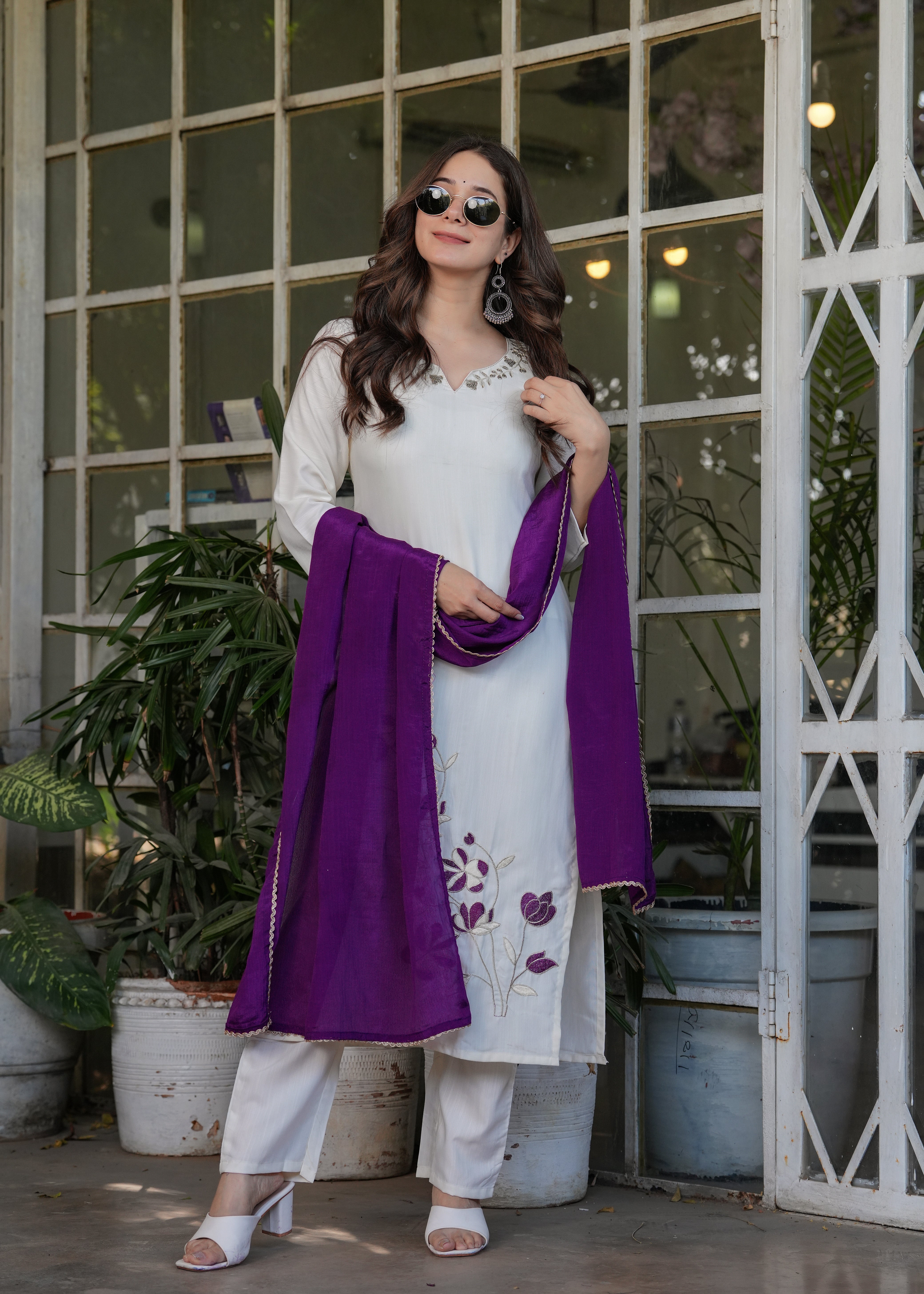 Off-White Viscose Rayon Embroidered Kurta Set