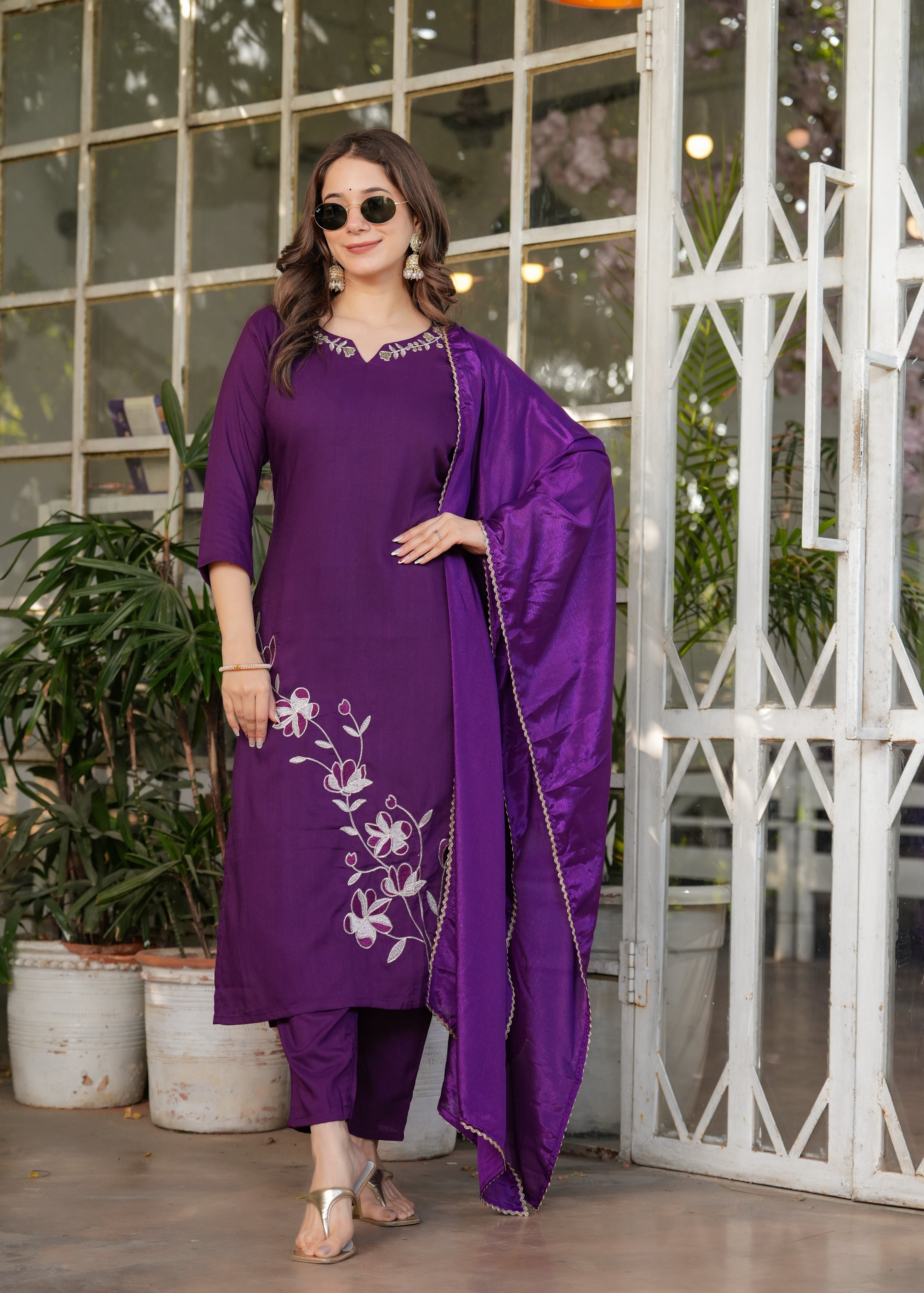 Plum Purple Viscose Rayon Embroidered Kurta Set