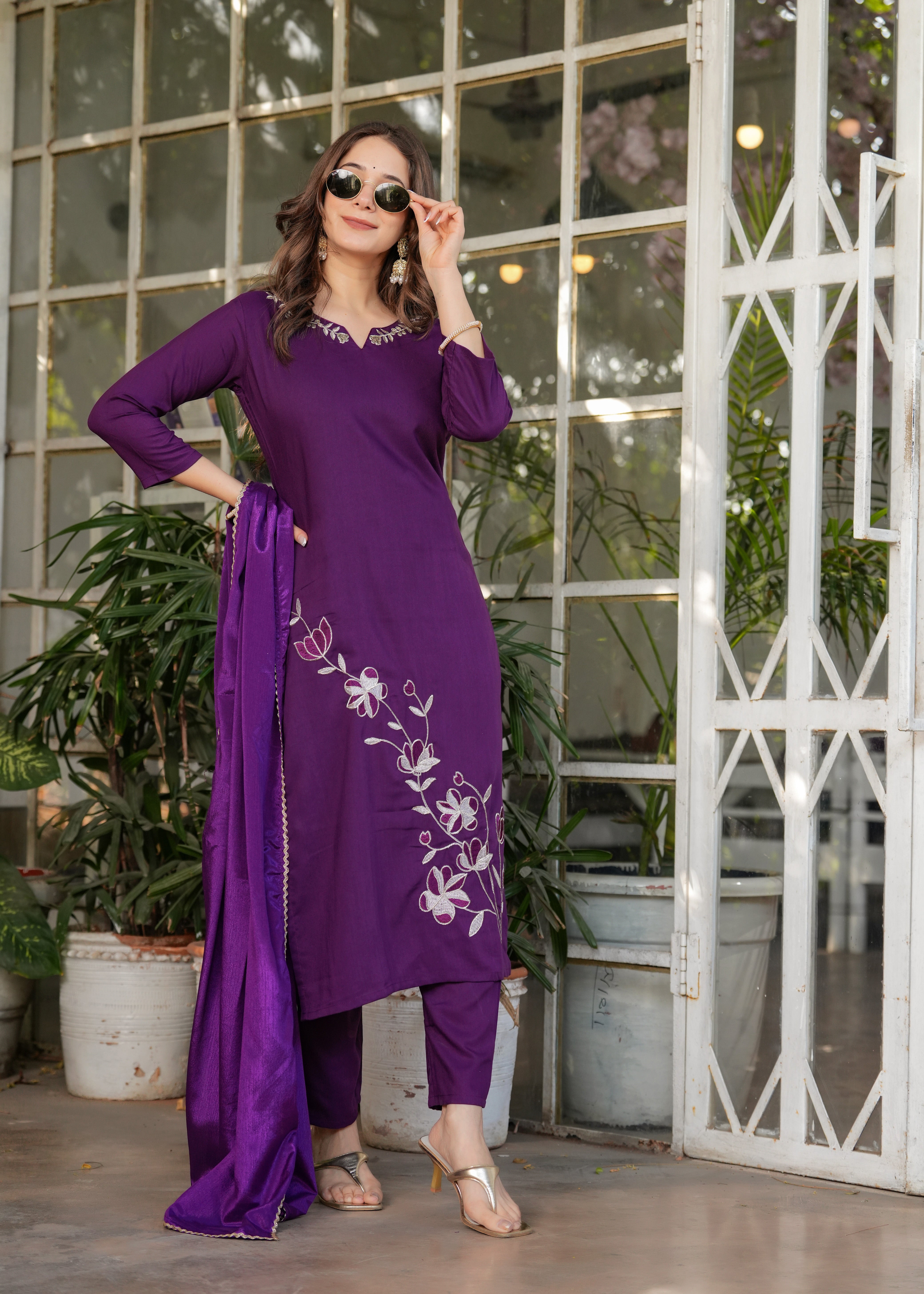 Plum Purple Viscose Rayon Embroidered Kurta Set