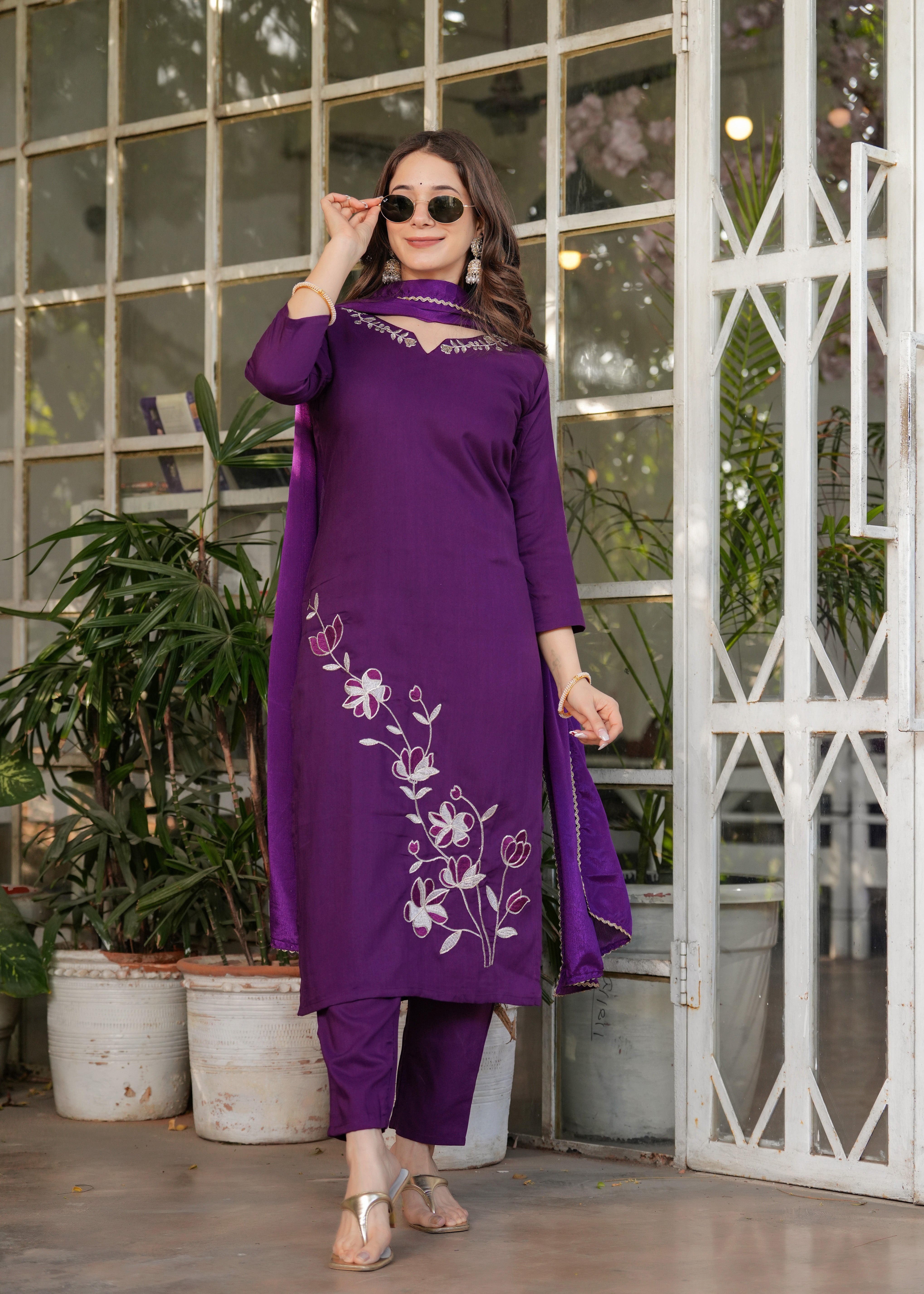 Plum Purple Viscose Rayon Embroidered Kurta Set