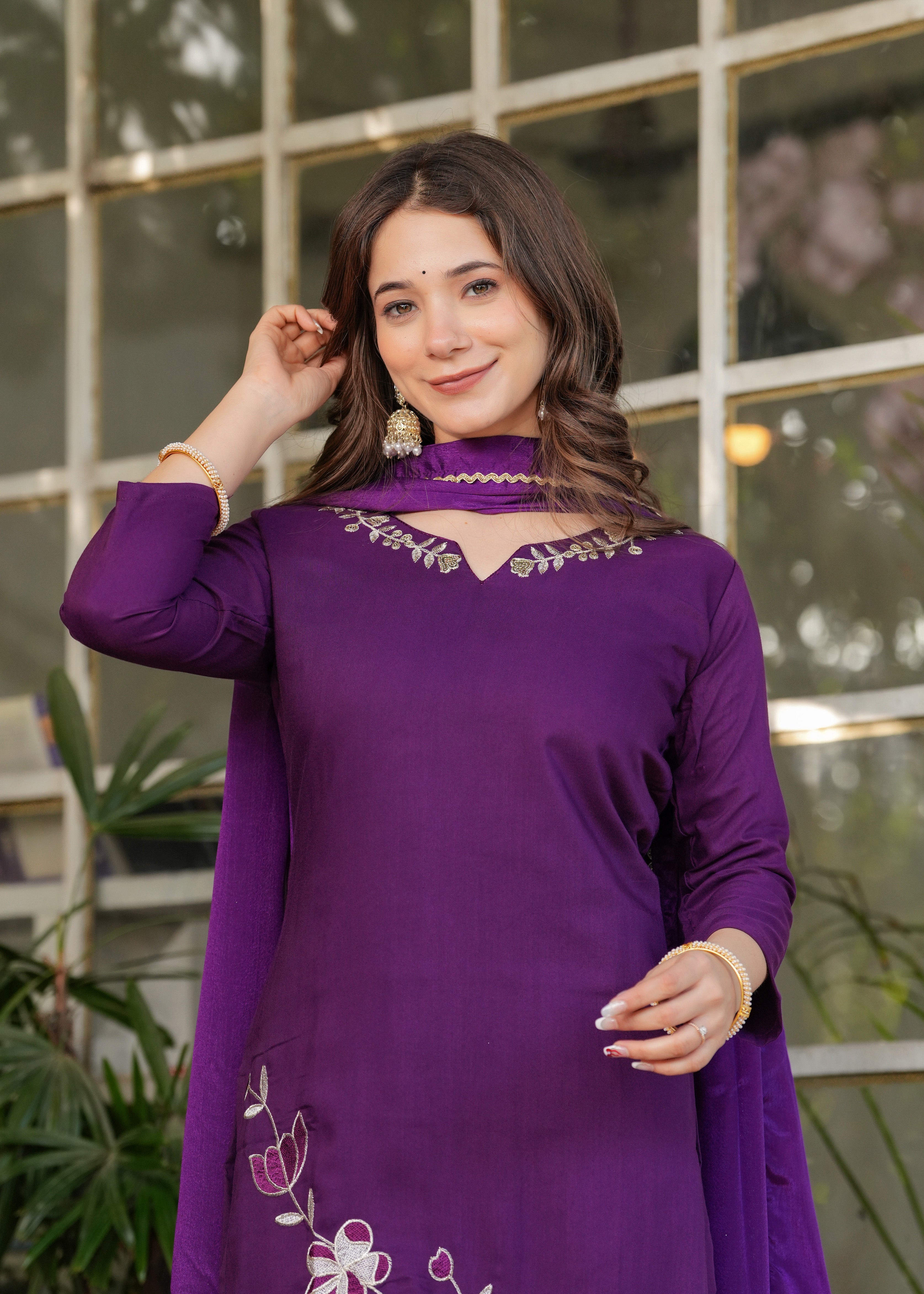 Plum Purple Viscose Rayon Embroidered Kurta Set