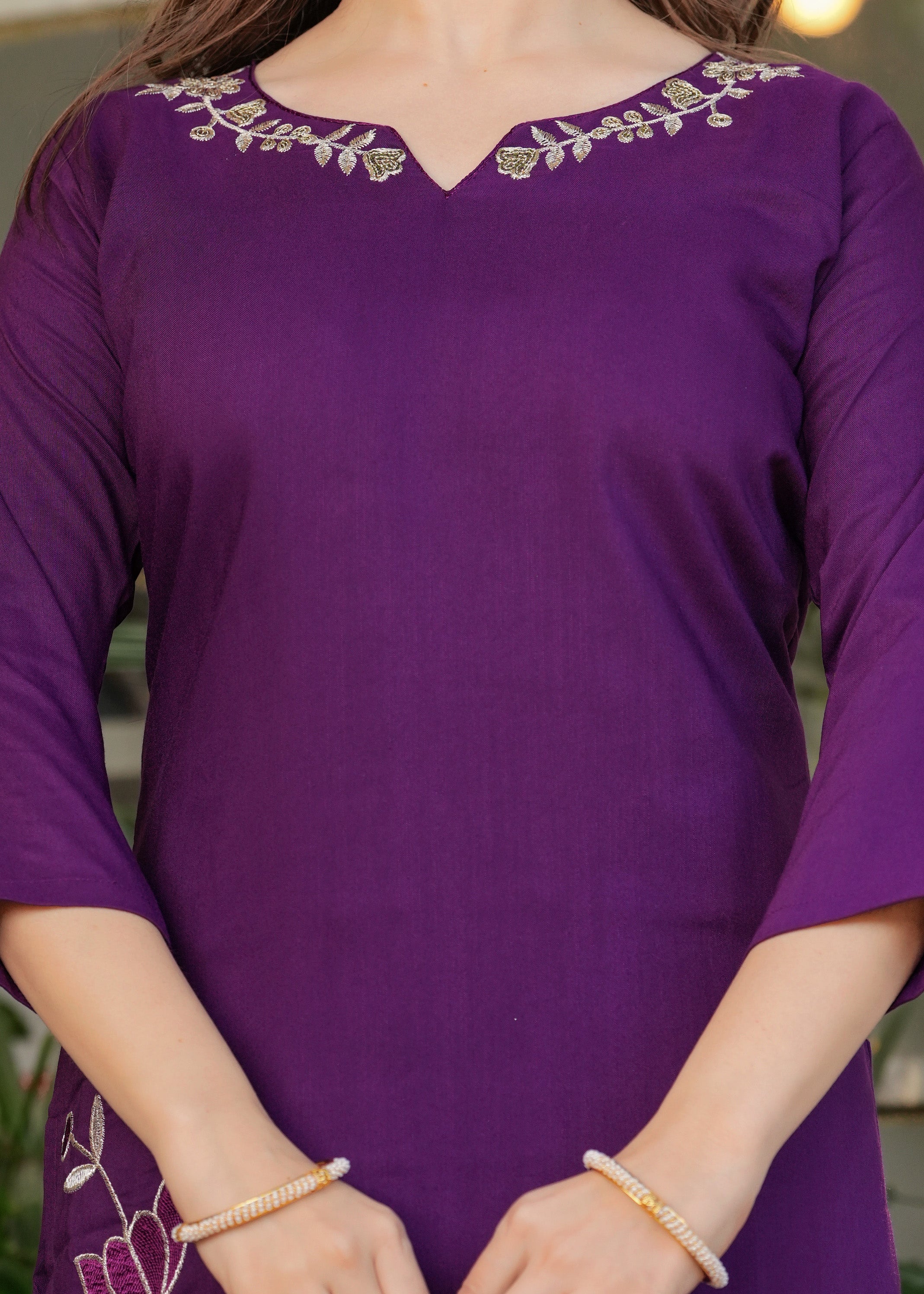 Plum Purple Viscose Rayon Embroidered Kurta Set