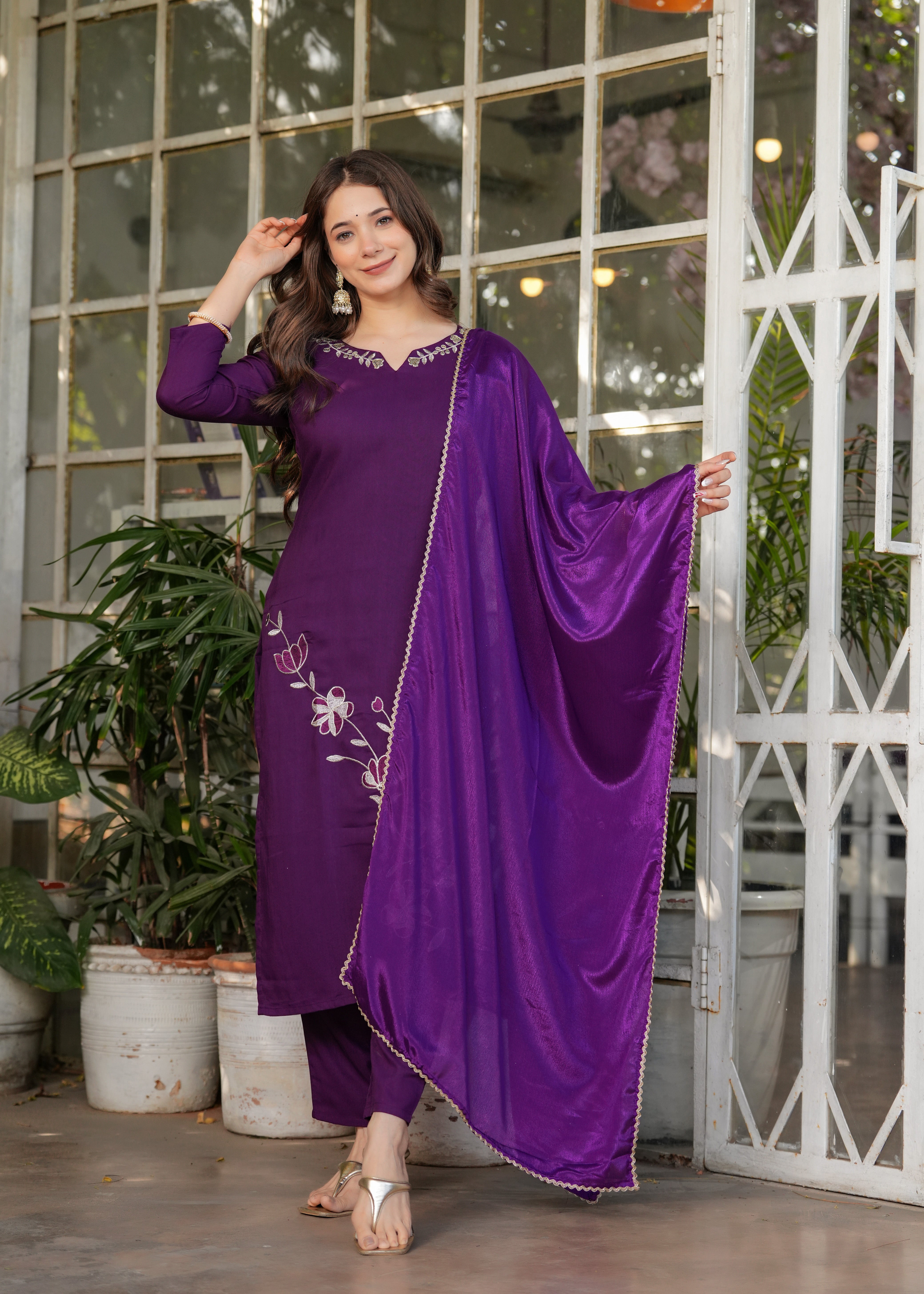 Plum Purple Viscose Rayon Embroidered Kurta Set