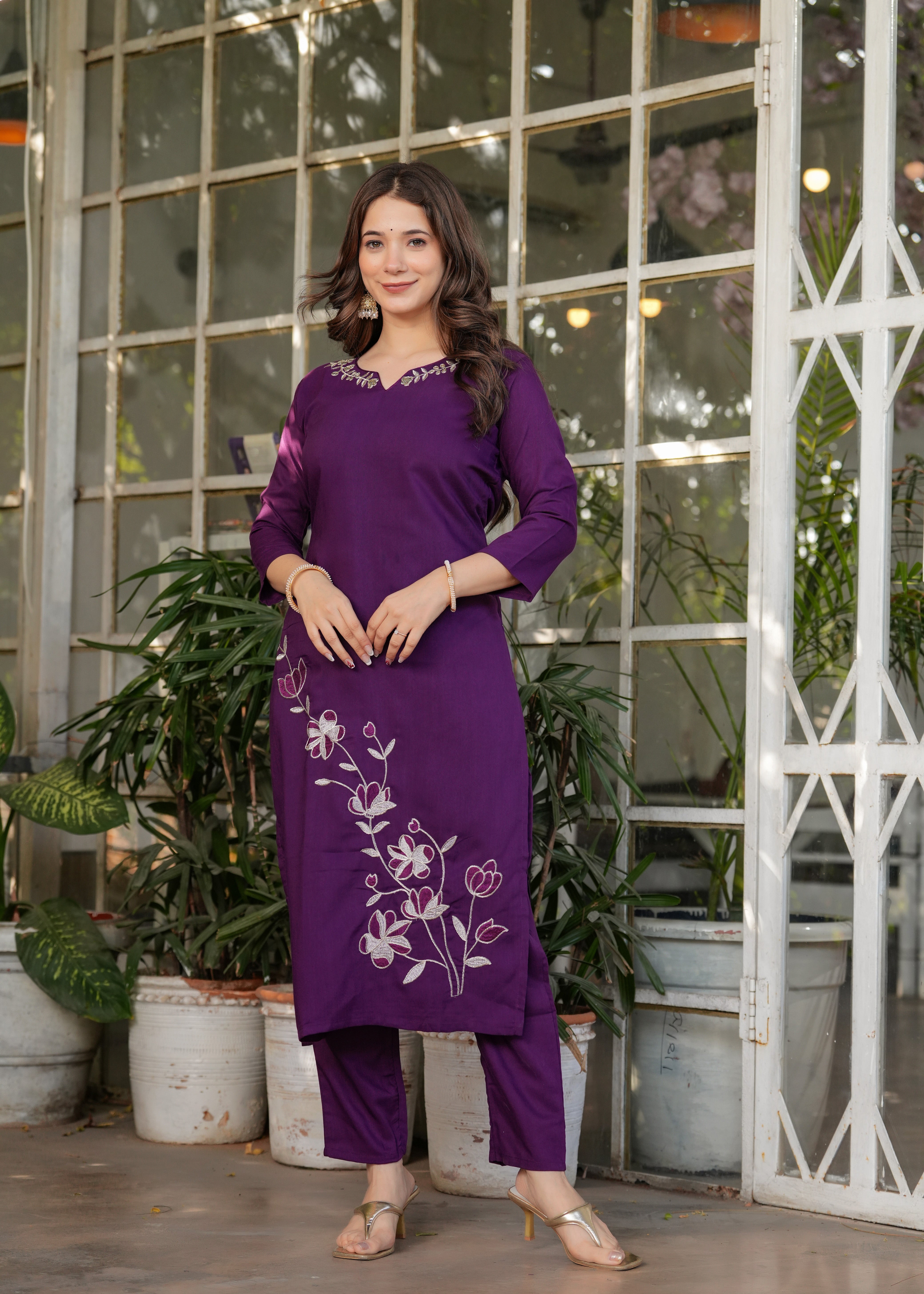 Plum Purple Viscose Rayon Embroidered Kurta Set