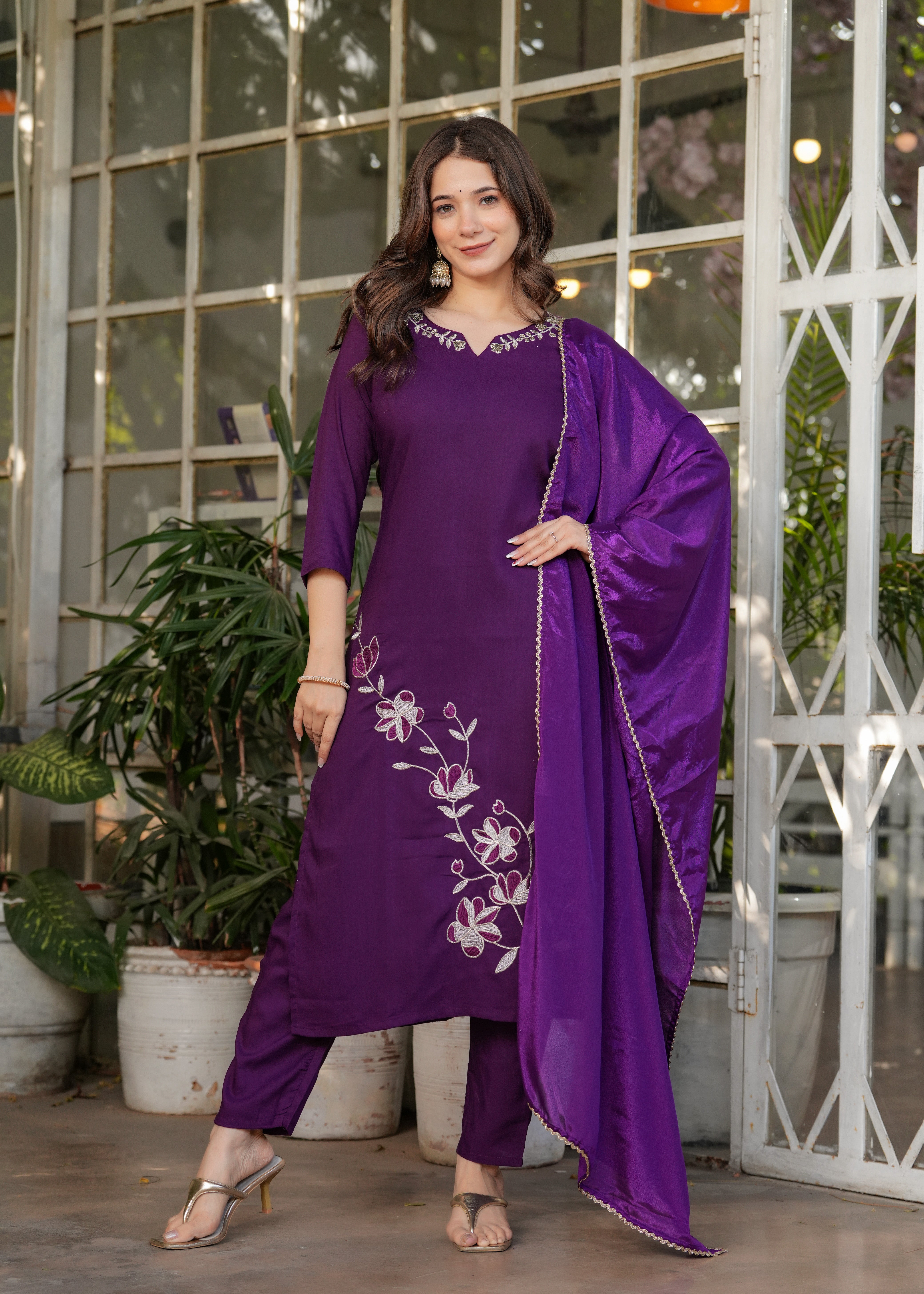 Plum Purple Viscose Rayon Embroidered Kurta Set