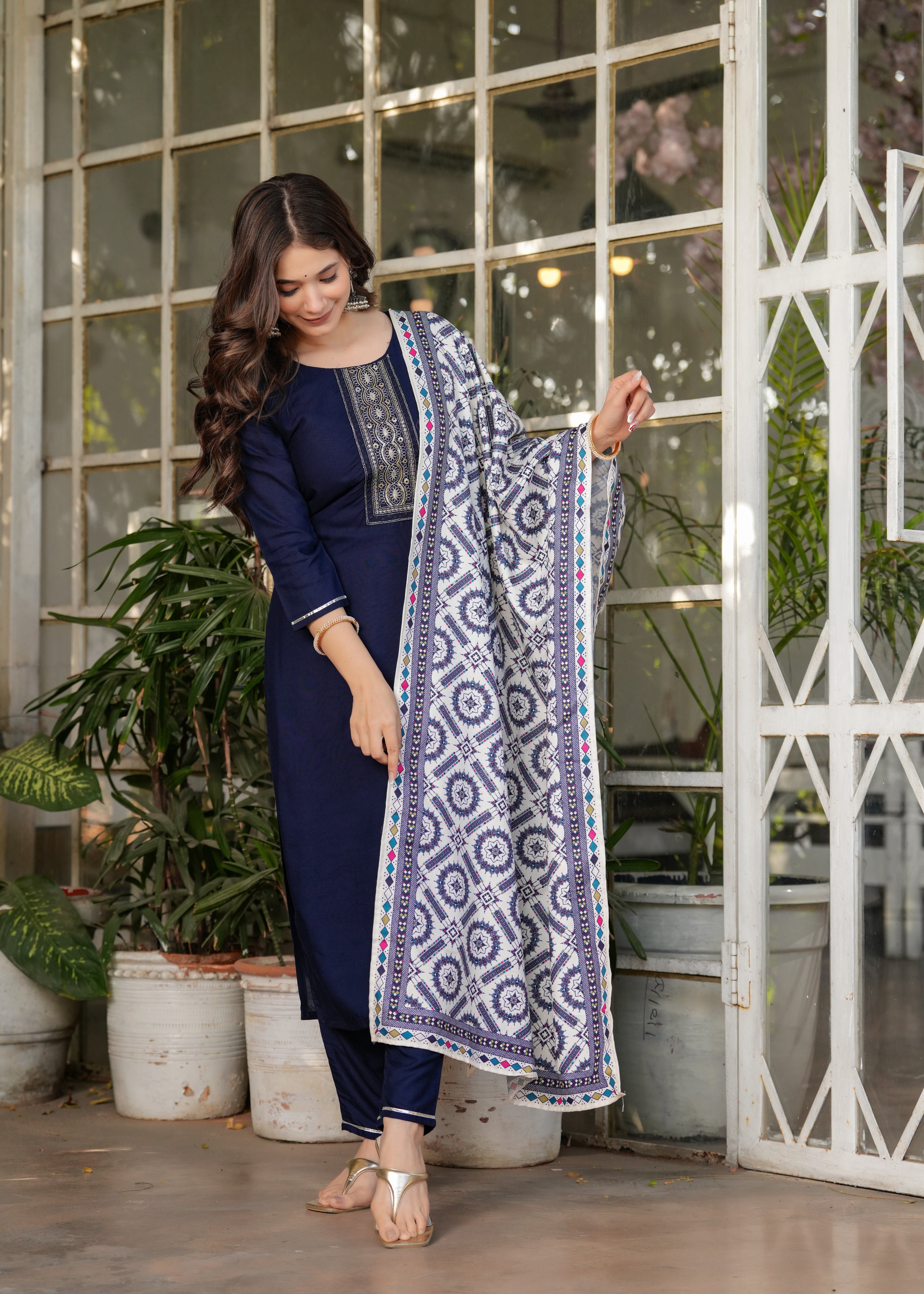 Navy Blue Rayon Embroidered Kurta Set