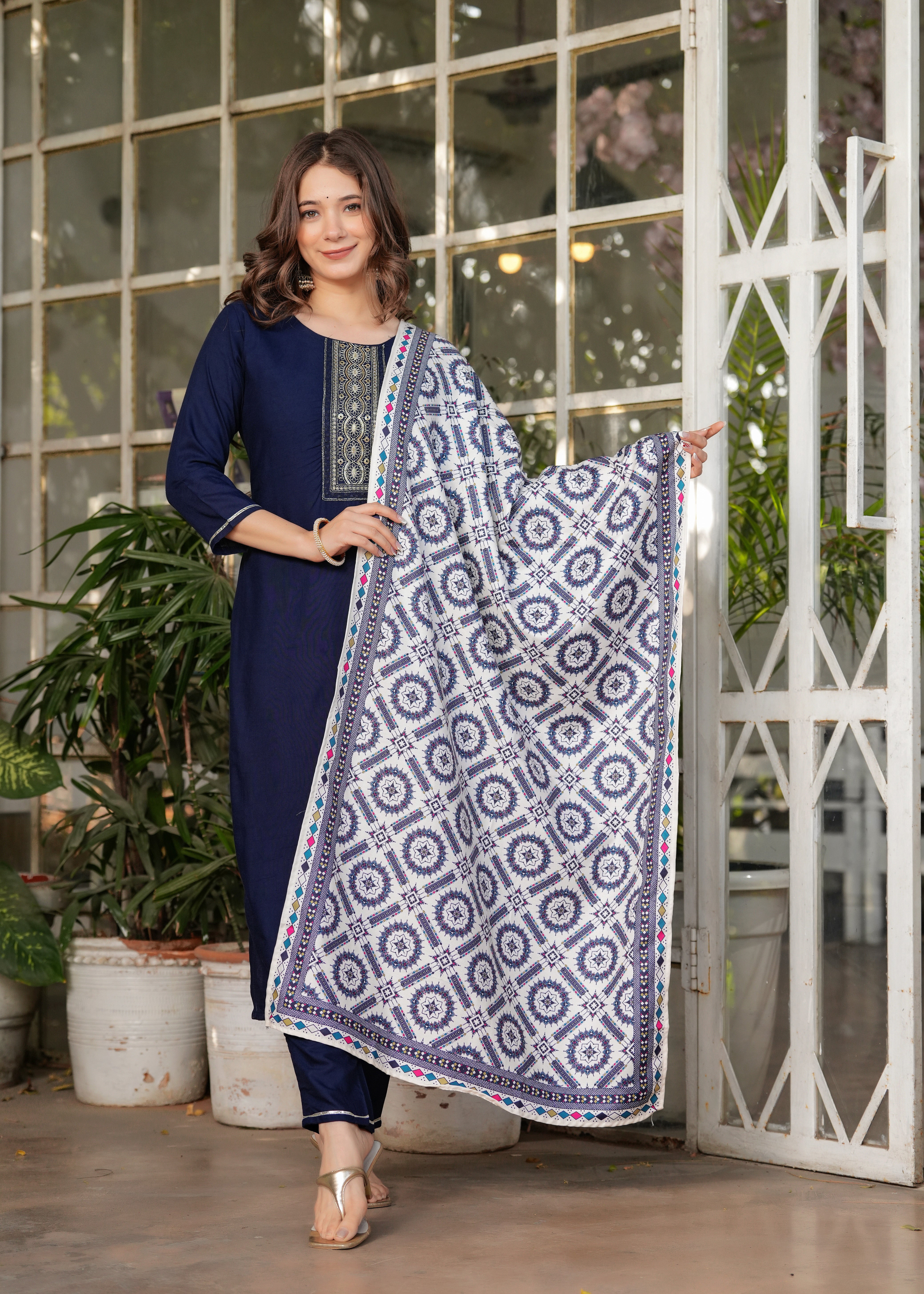 Navy Blue Rayon Embroidered Kurta Set