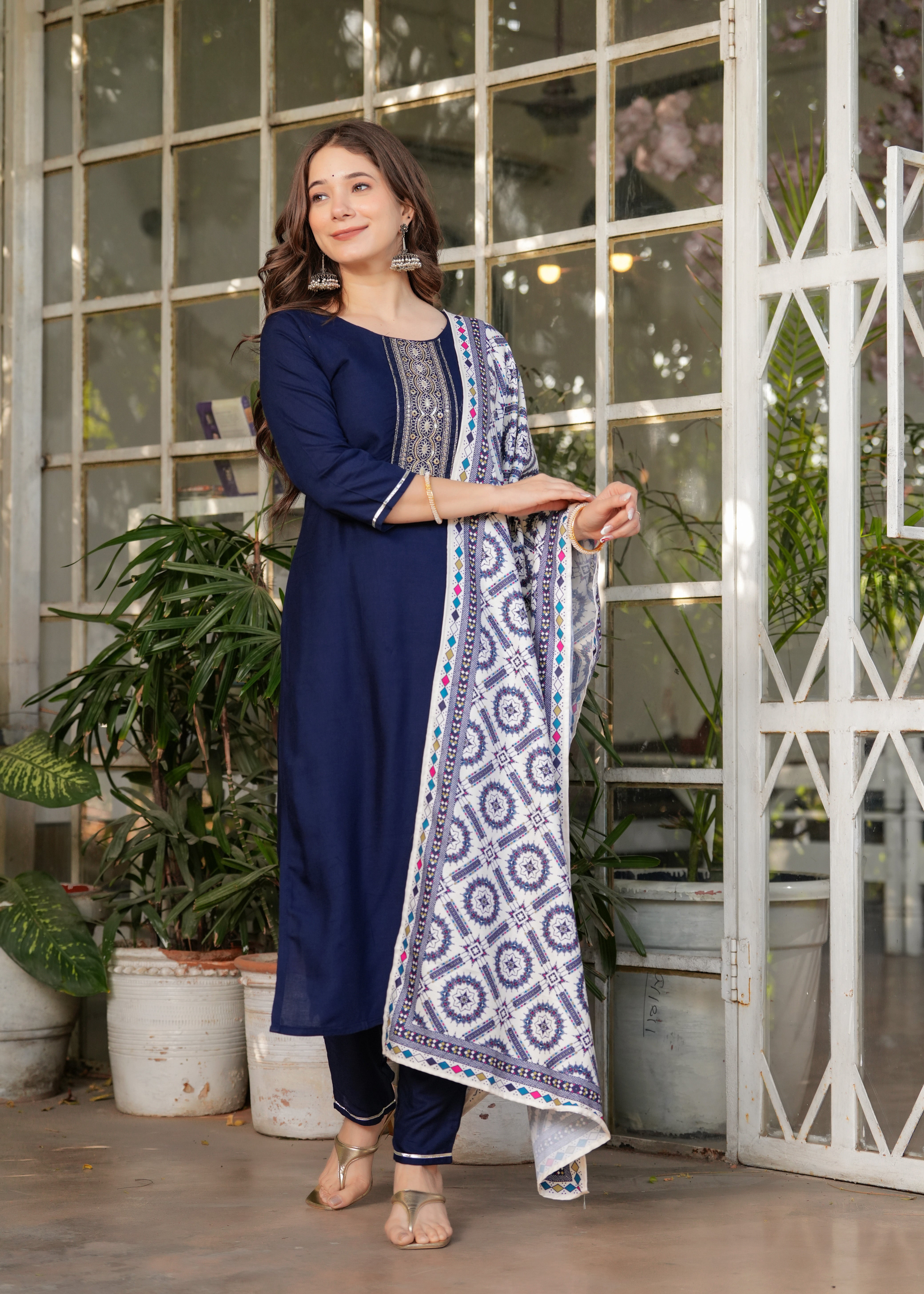 Navy Blue Rayon Embroidered Kurta Set
