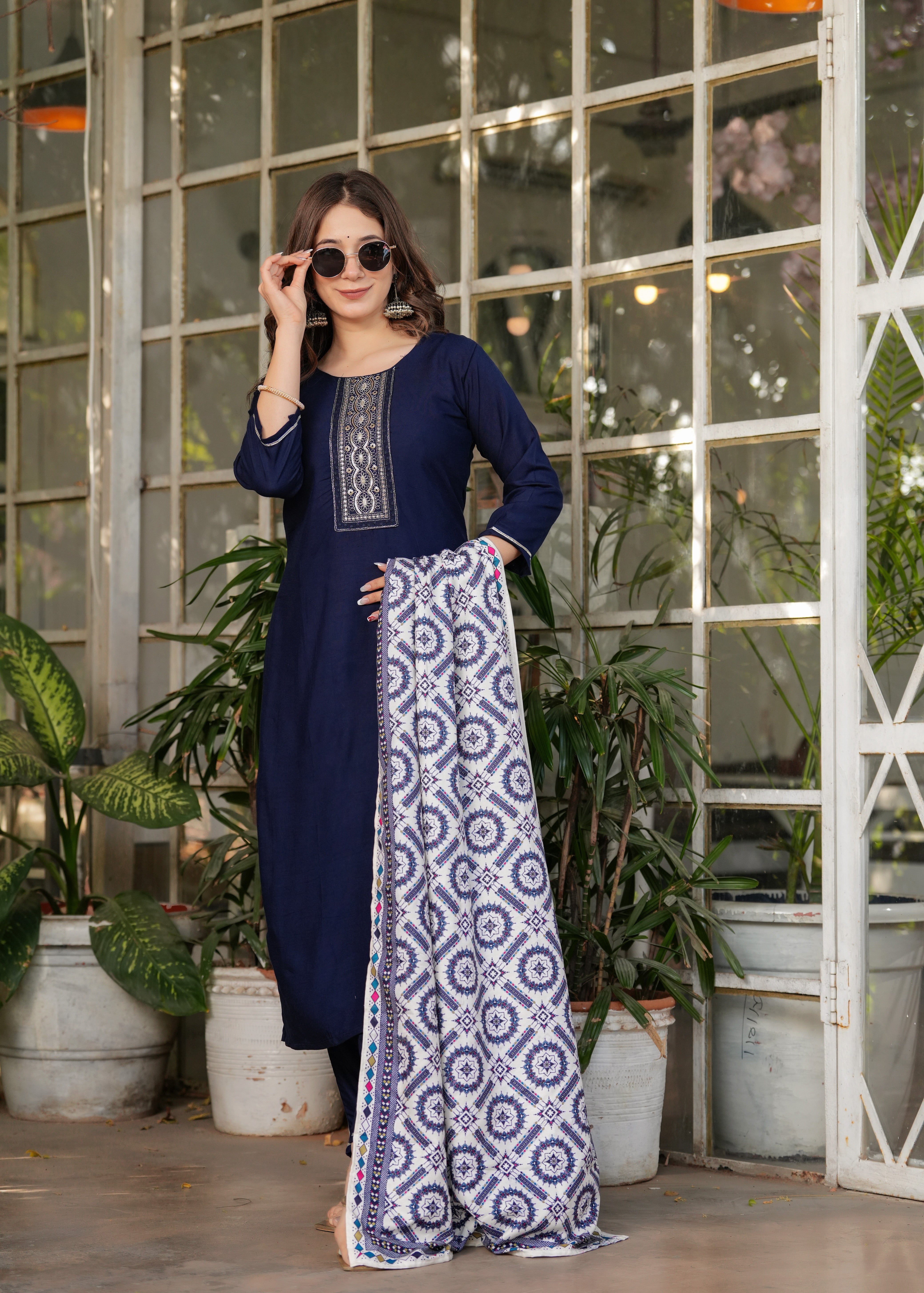 Navy Blue Rayon Embroidered Kurta Set