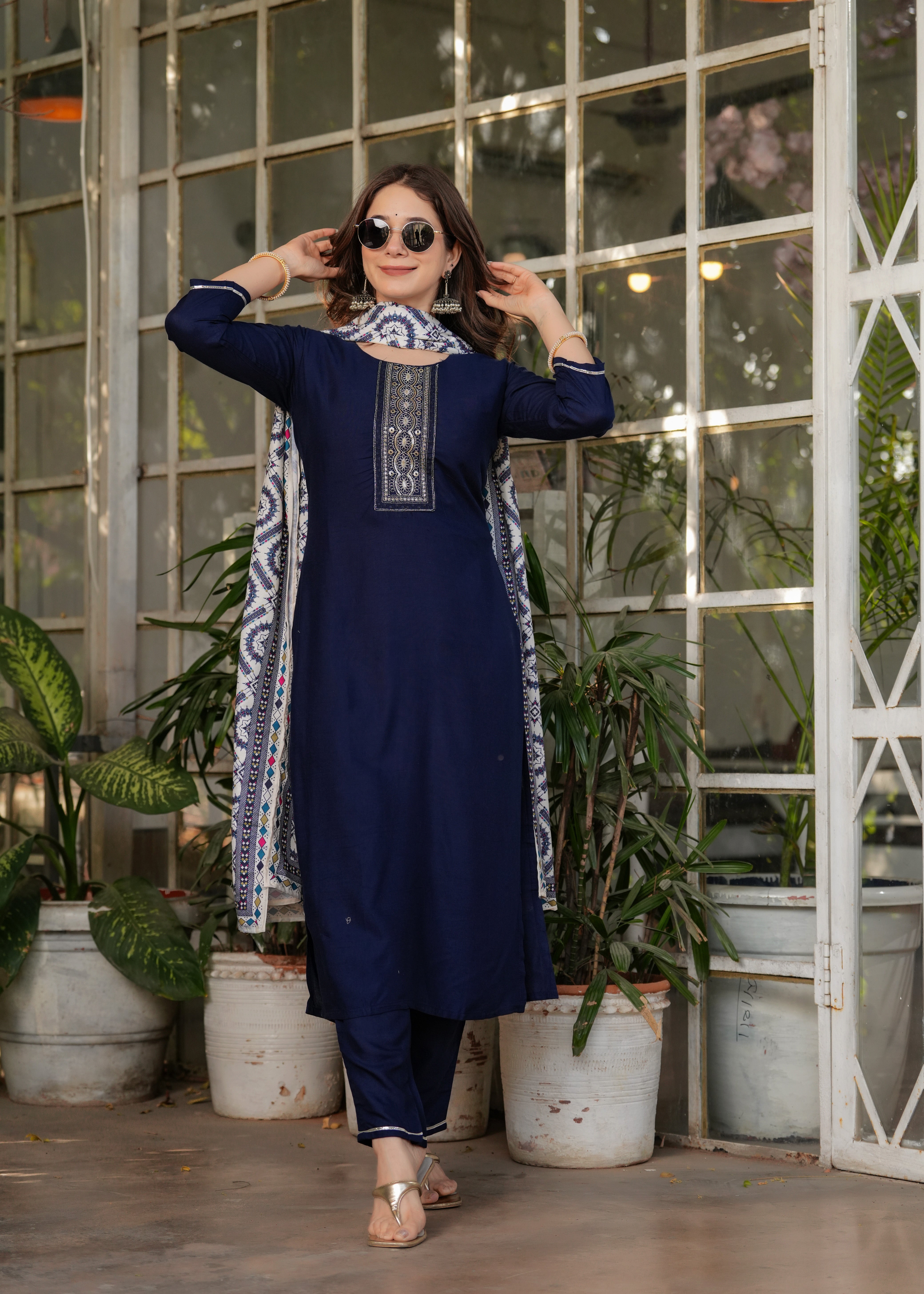 Navy Blue Rayon Embroidered Kurta Set