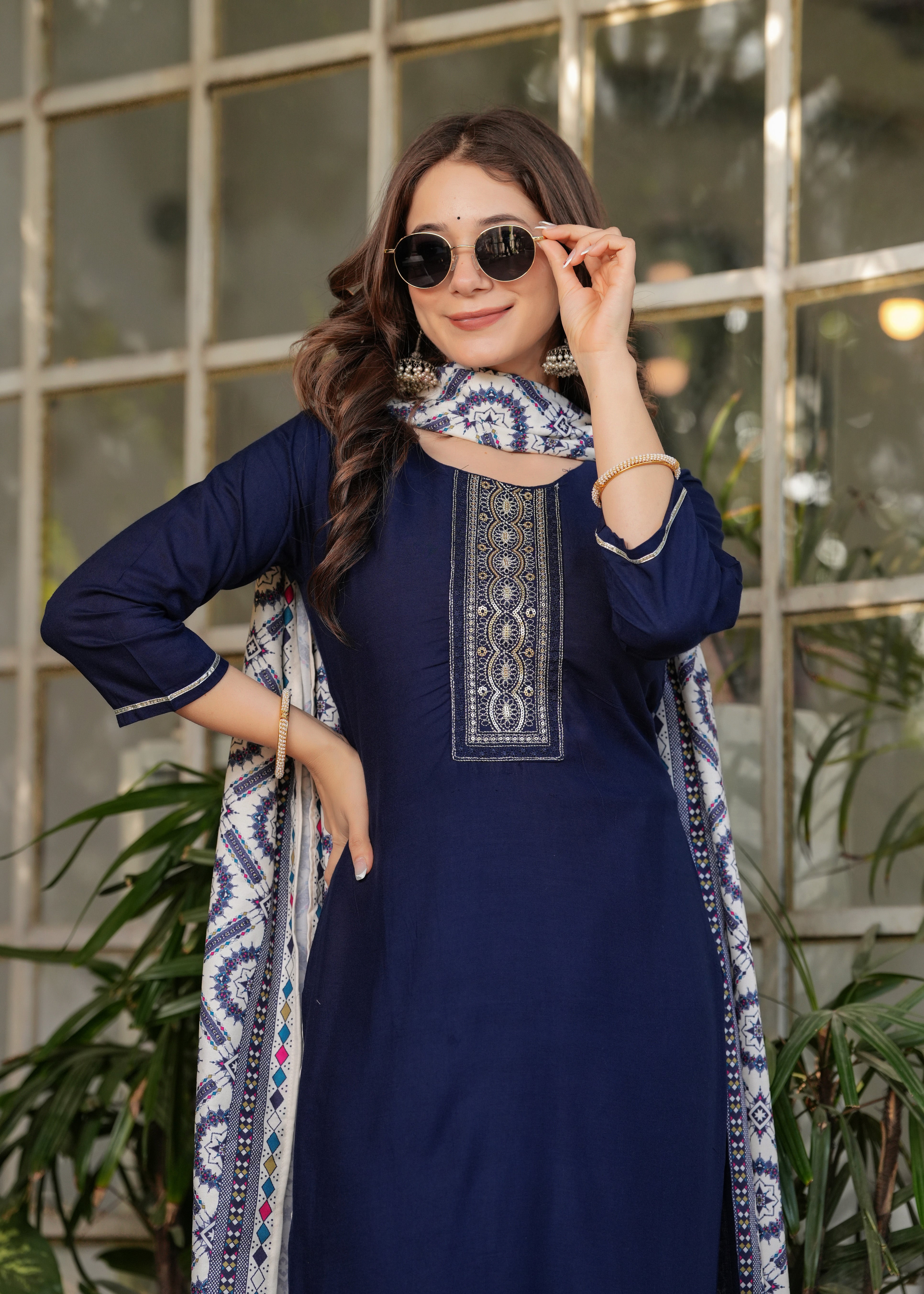 Navy Blue Rayon Embroidered Kurta Set