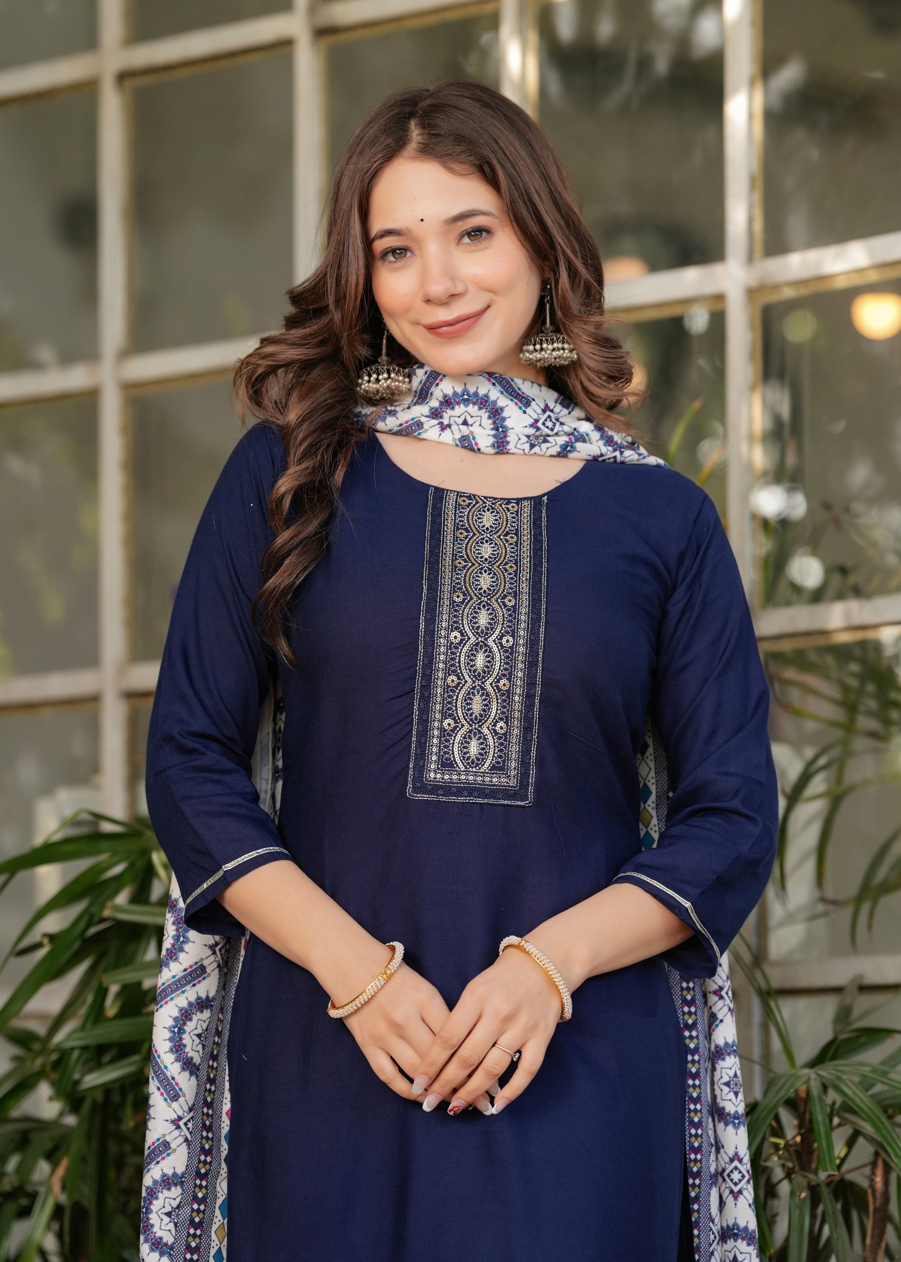 Navy Blue Rayon Embroidered Kurta Set