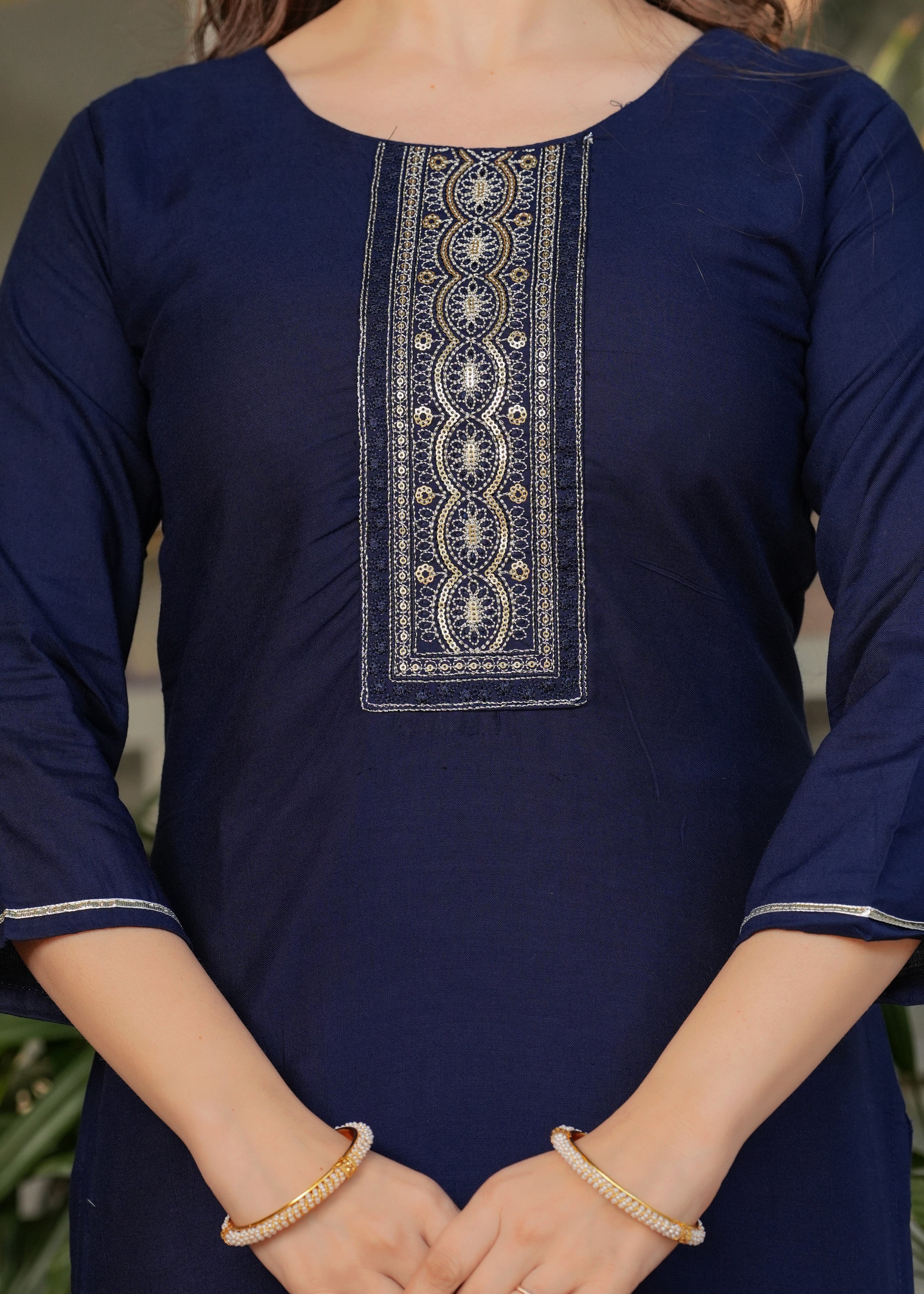 Navy Blue Rayon Embroidered Kurta Set