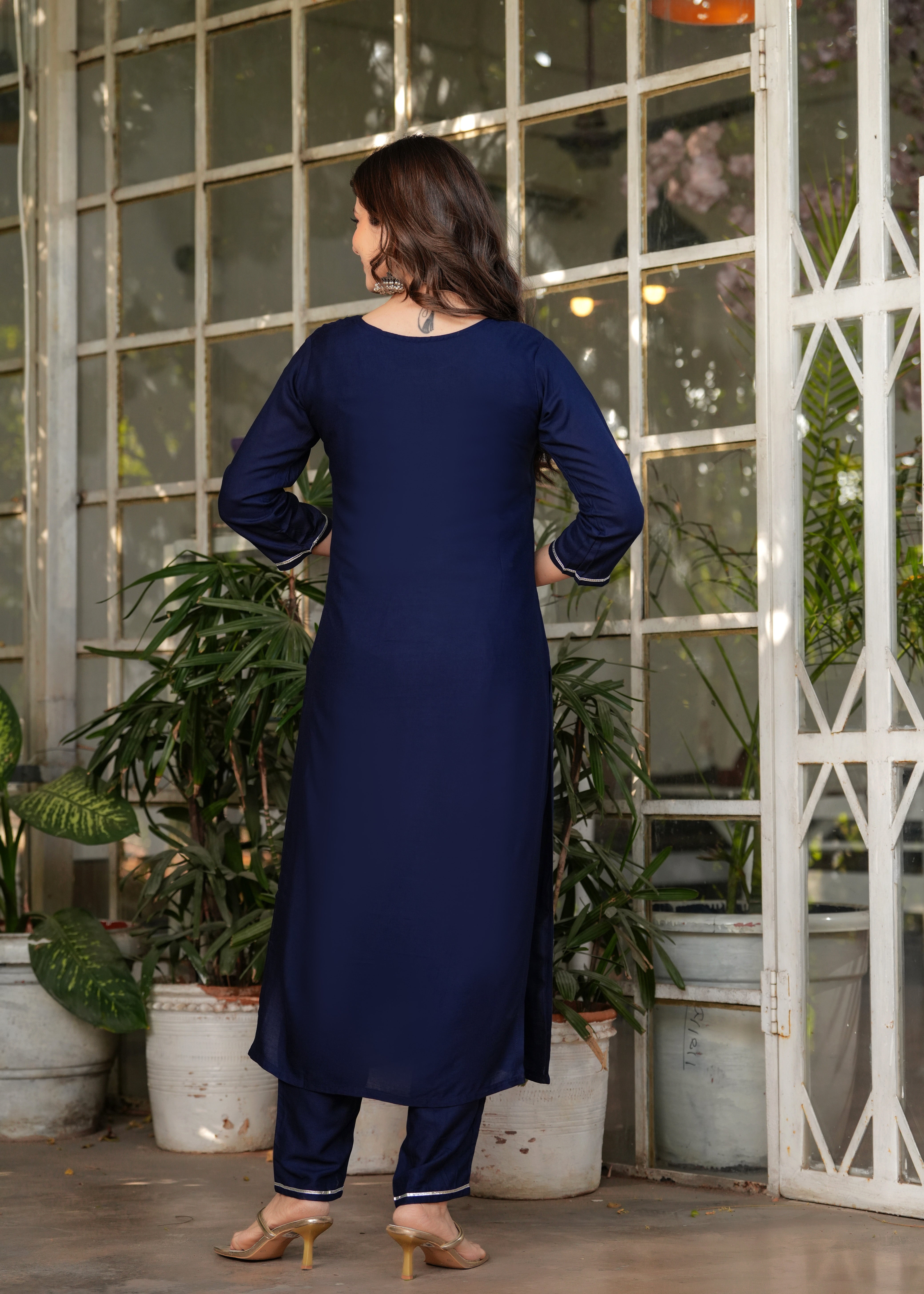 Navy Blue Rayon Embroidered Kurta Set