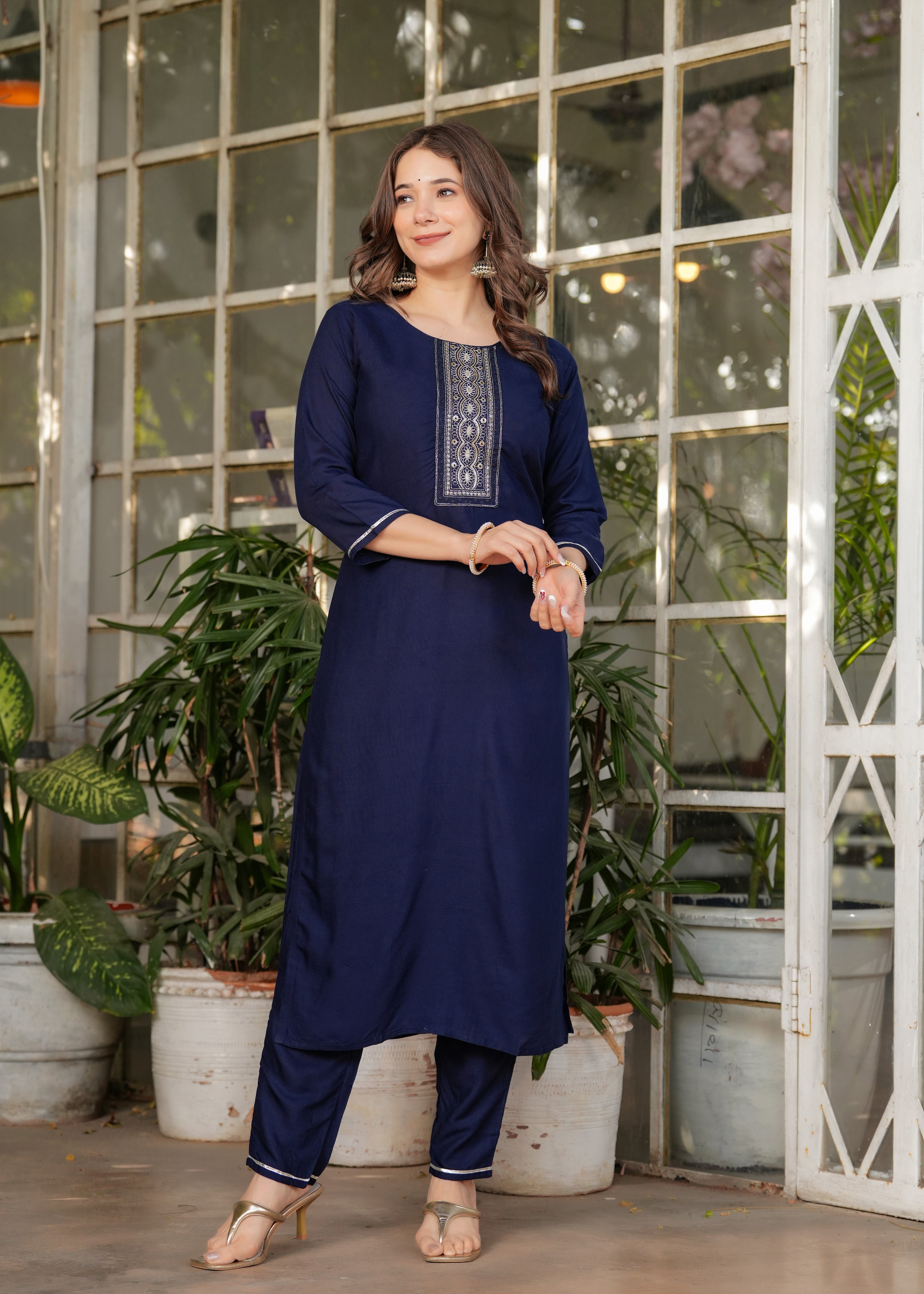 Navy Blue Rayon Embroidered Kurta Set