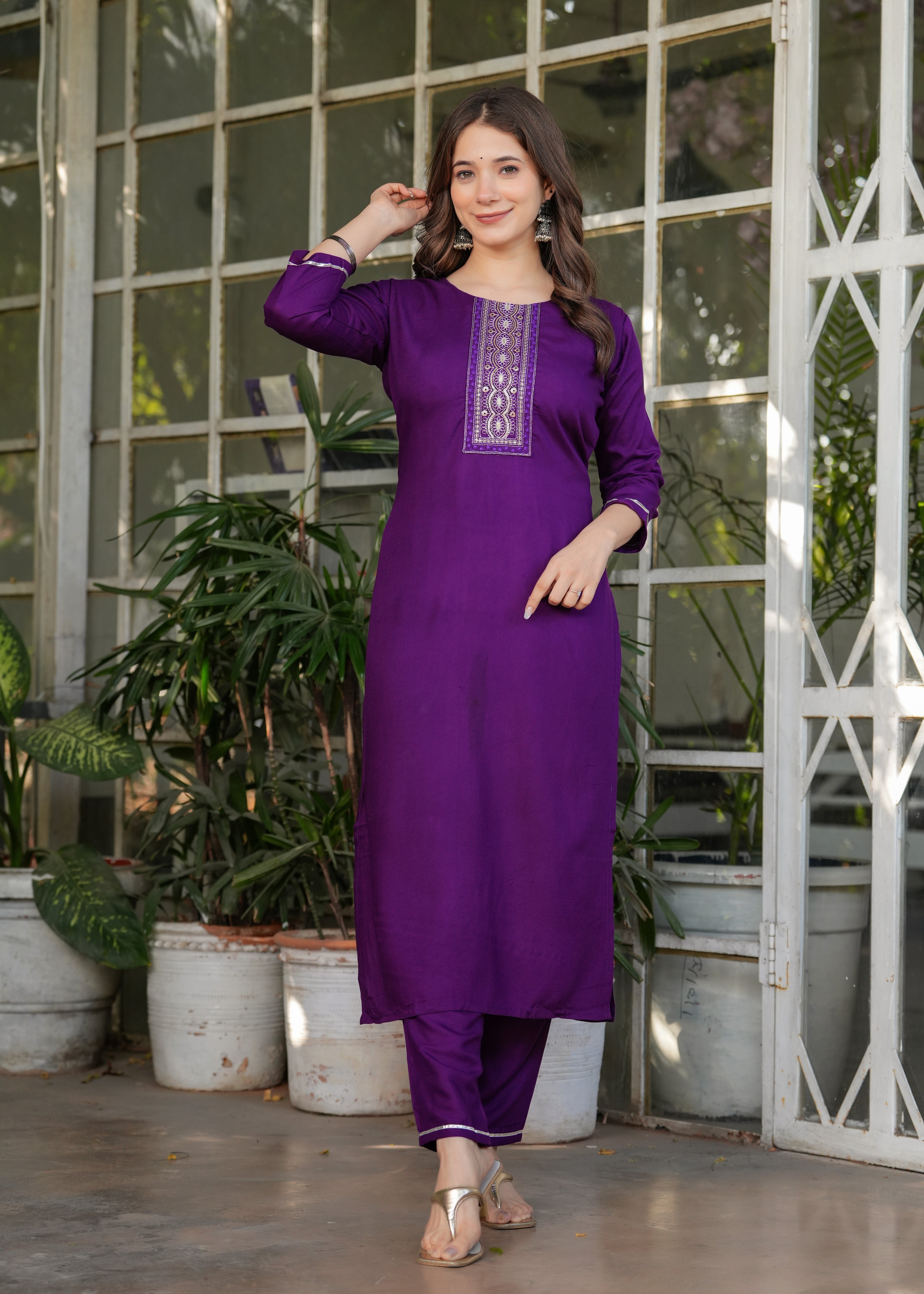 Navy Blue Rayon Embroidered Kurta Set