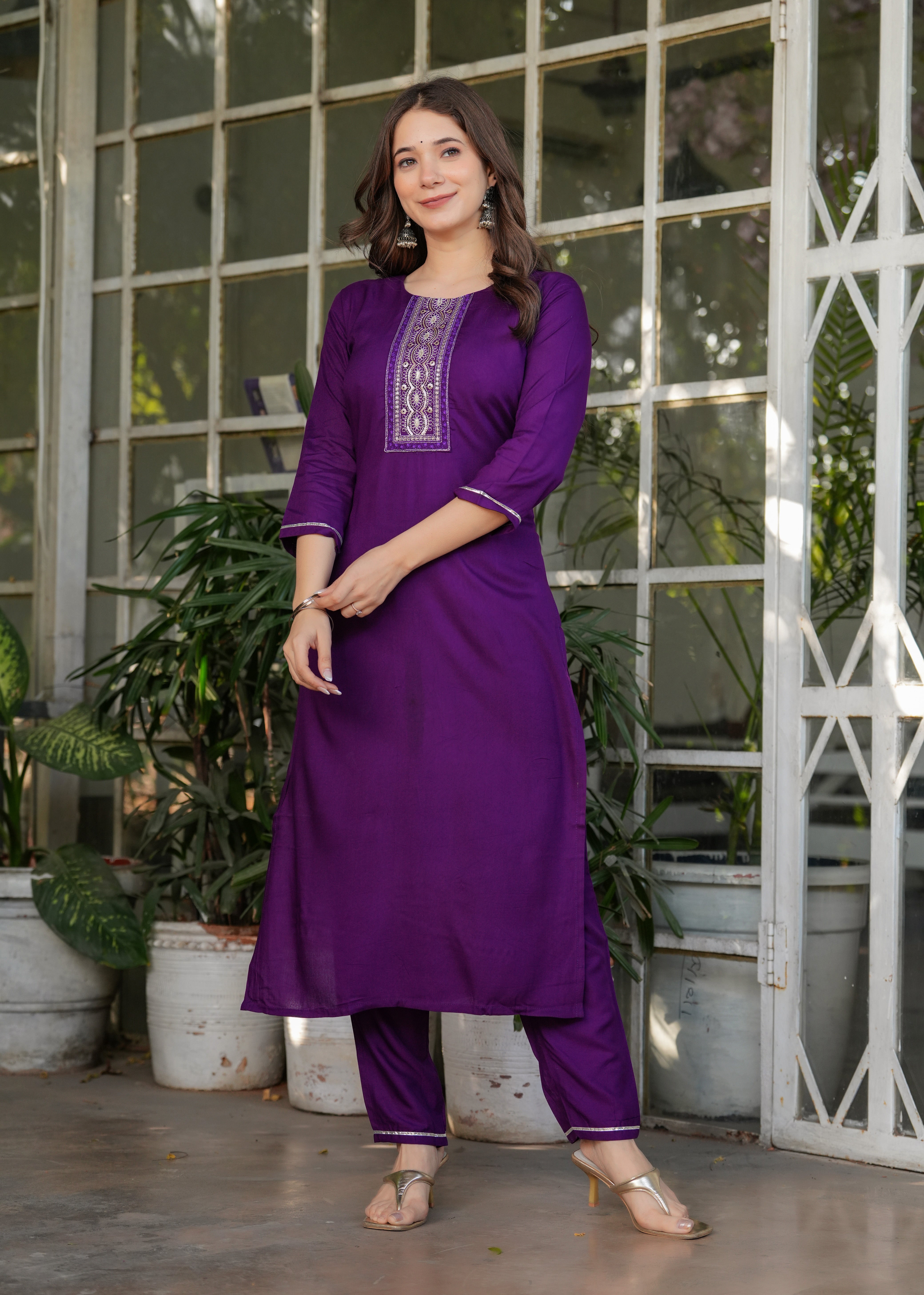 Navy Blue Rayon Embroidered Kurta Set