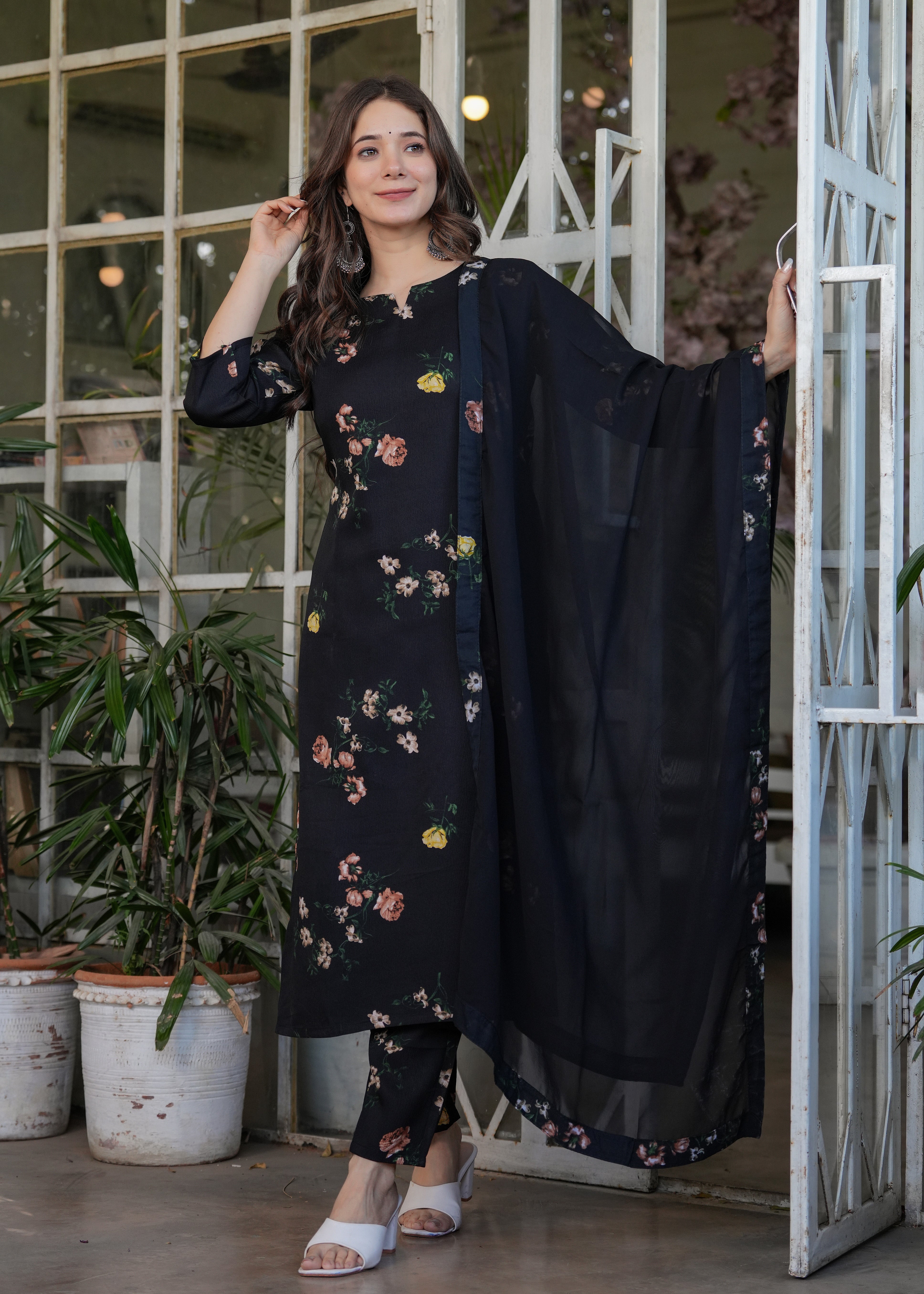 Black Silk Bleand Printed Kurta Set