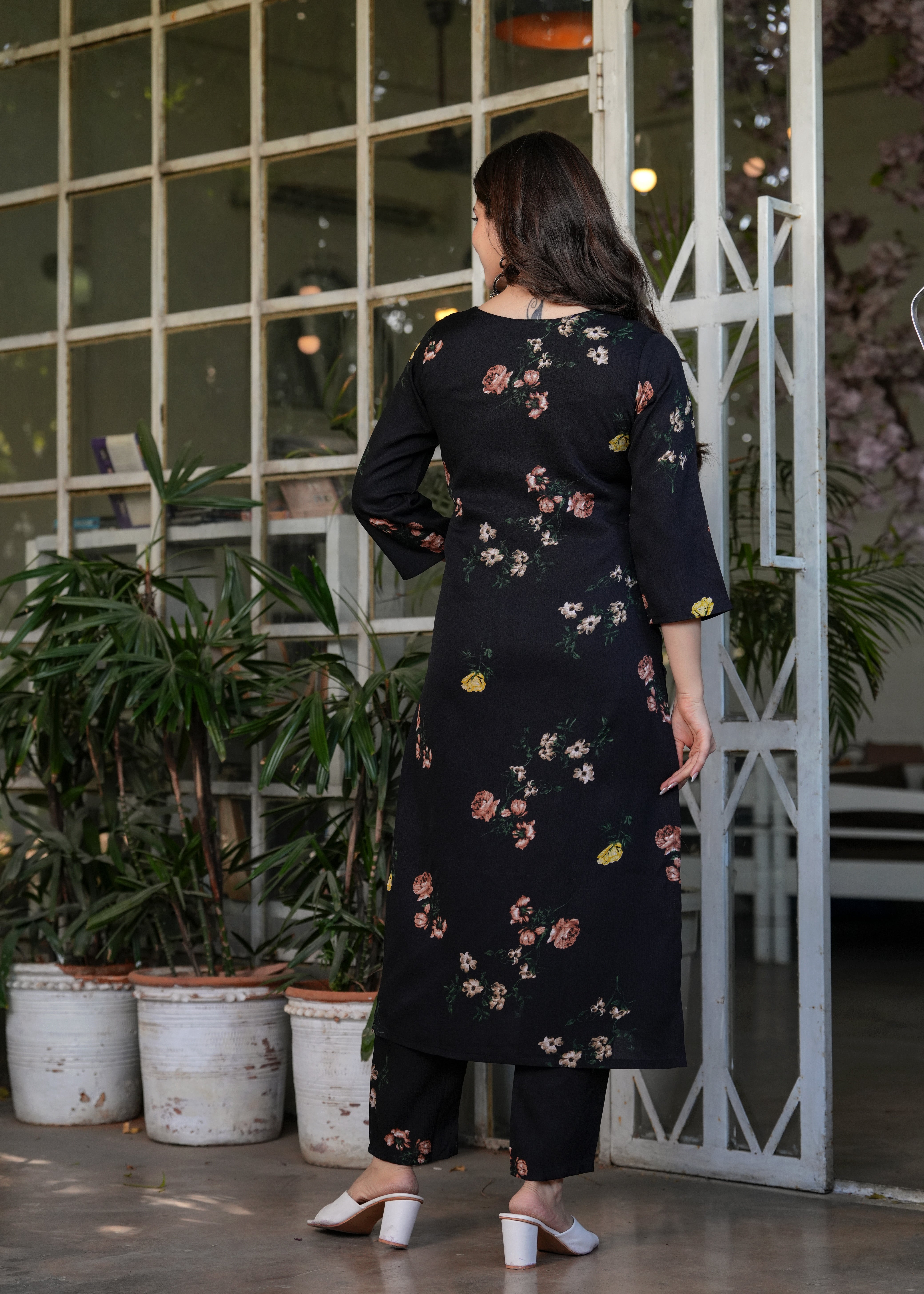 Black Silk Bleand Printed Kurta Set