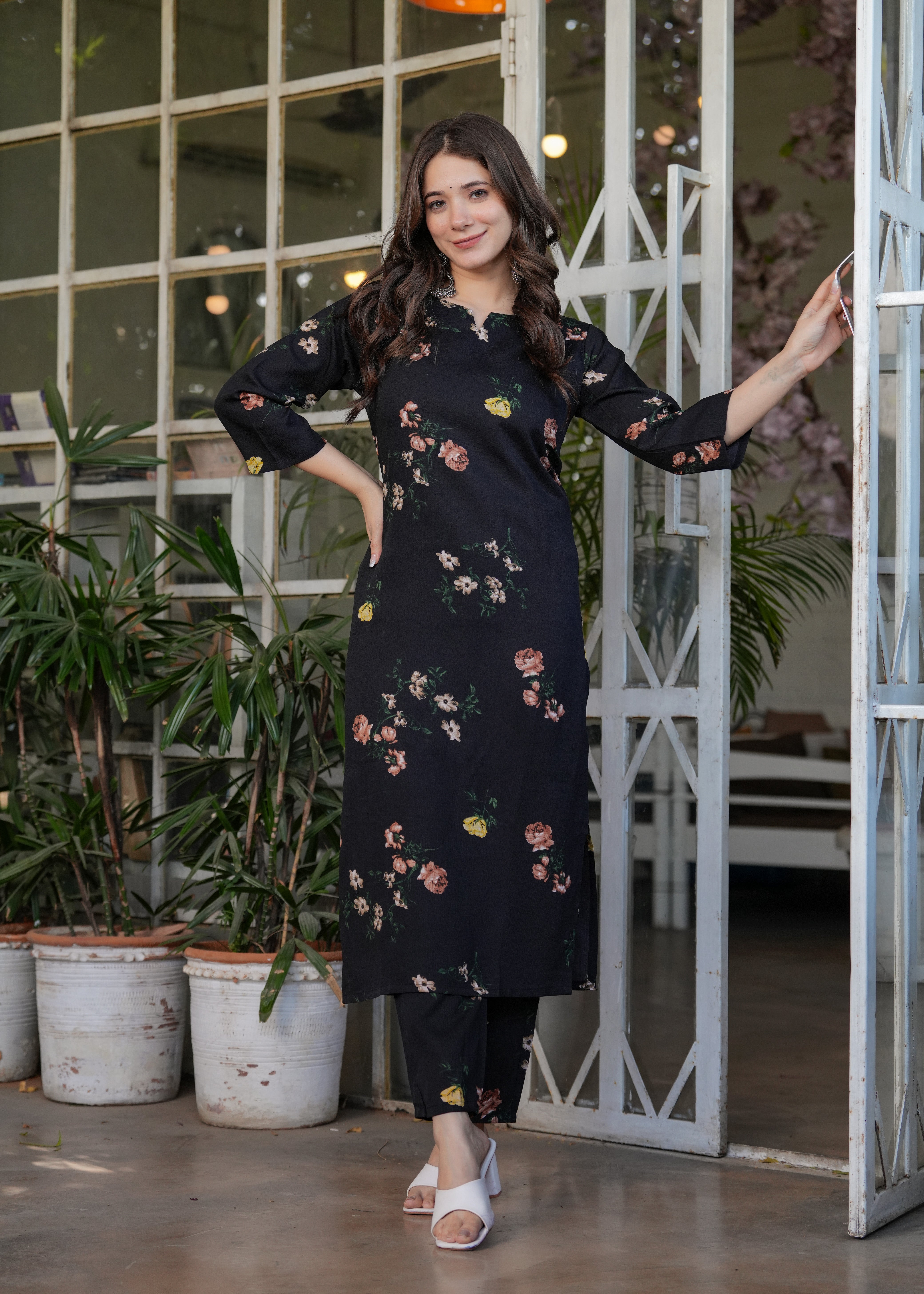 Black Silk Bleand Printed Kurta Set