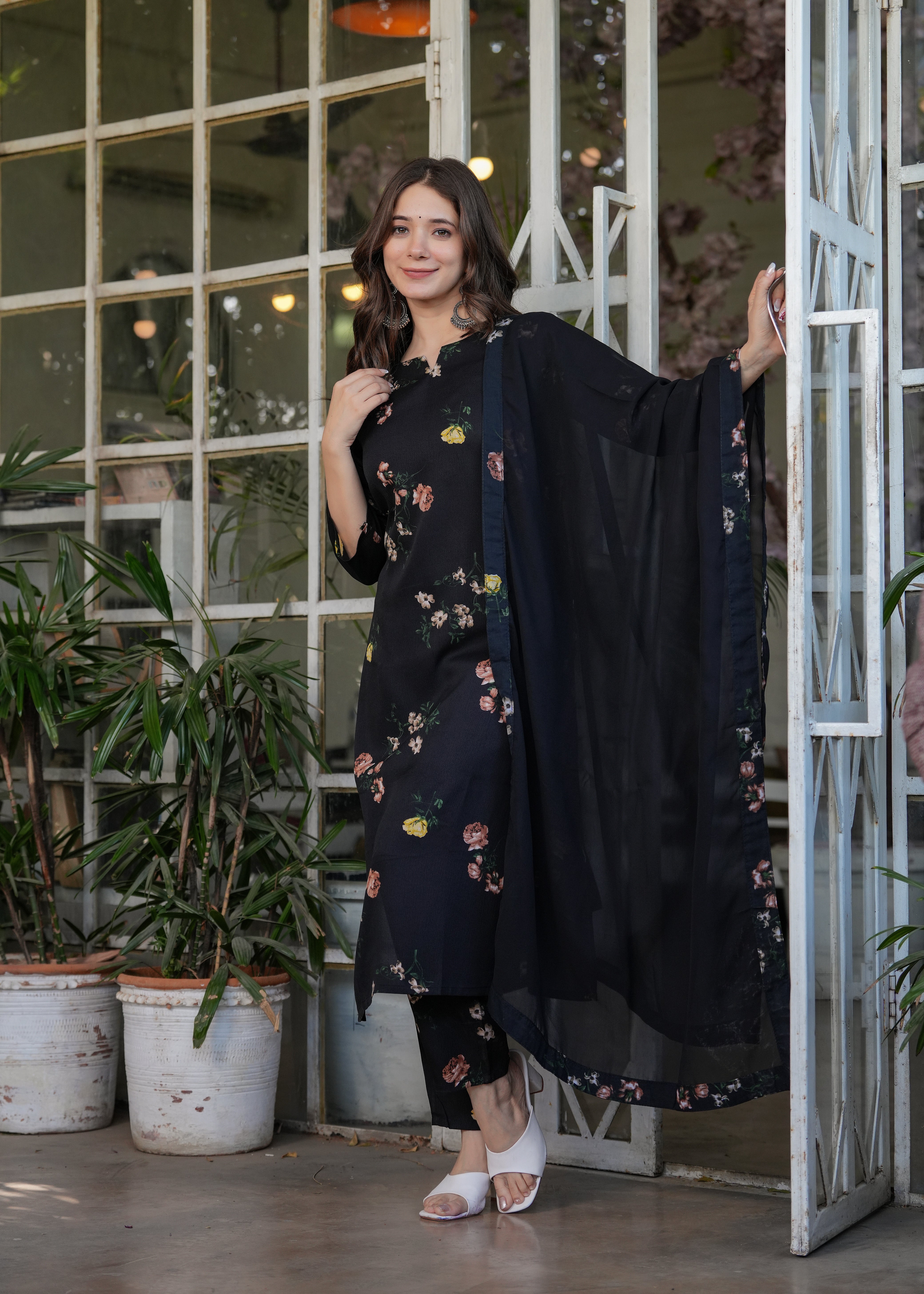 Black Silk Bleand Printed Kurta Set